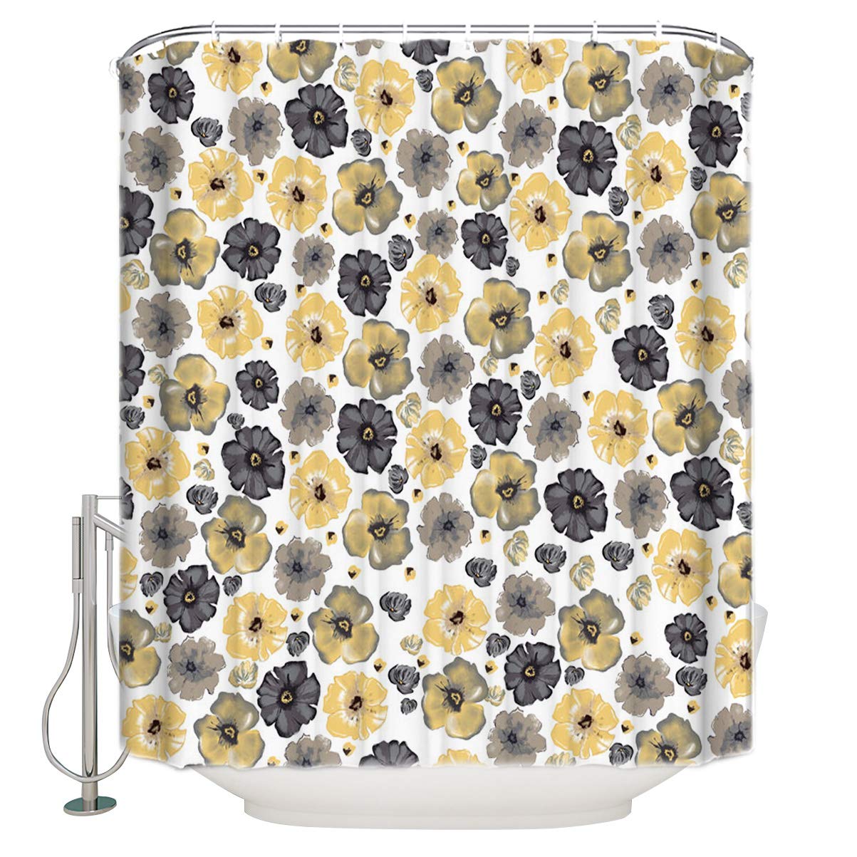 Waterproof Shower Curtain Liner - 12 Hook Black & Yellow Floral Design, Minimalist Watercolor Art, Machine Washable Fabric (36
