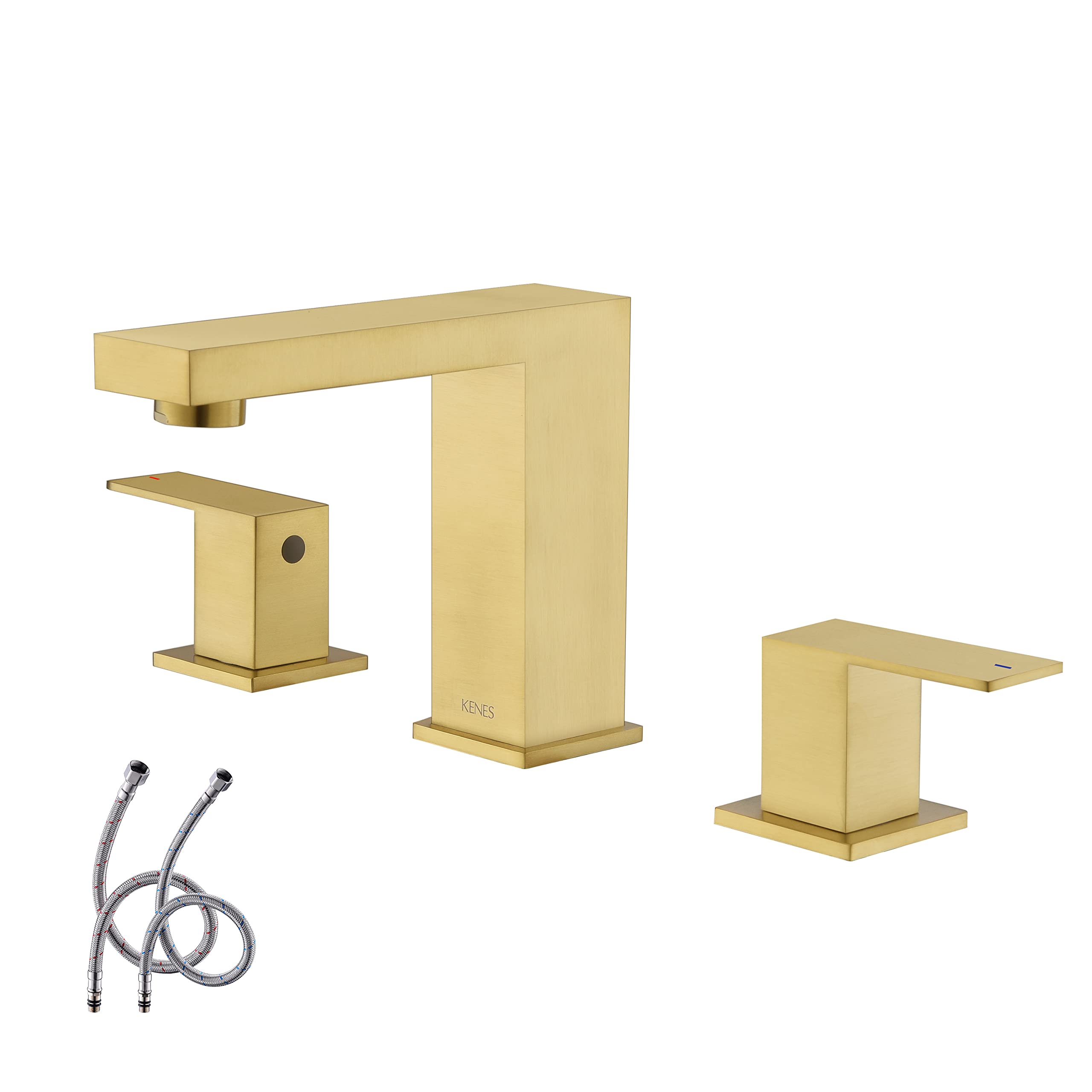 Premium KENES Brushed Gold 8-Inch Widespread Bathroom Faucet - 2 Handle 3 Hole Vanity Sink Faucet with Lead-Free Supply Hose (Model KE-9050-4) - Perfect for Modern Bathroom Renovation & Luxury Home Upgrade