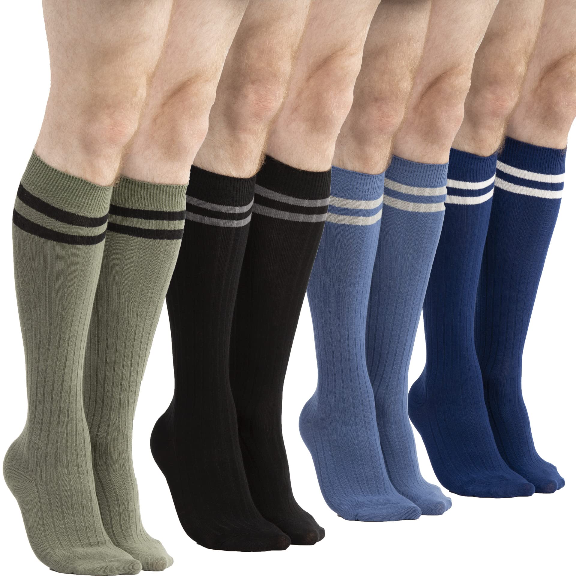 4 Pack Men's Knee High Cotton Striped Dress Socks - Over The Calf Formal Socks for Business & Office (Size 9-11) | Perfect for Work, Dress Shoes & Professional Occasions