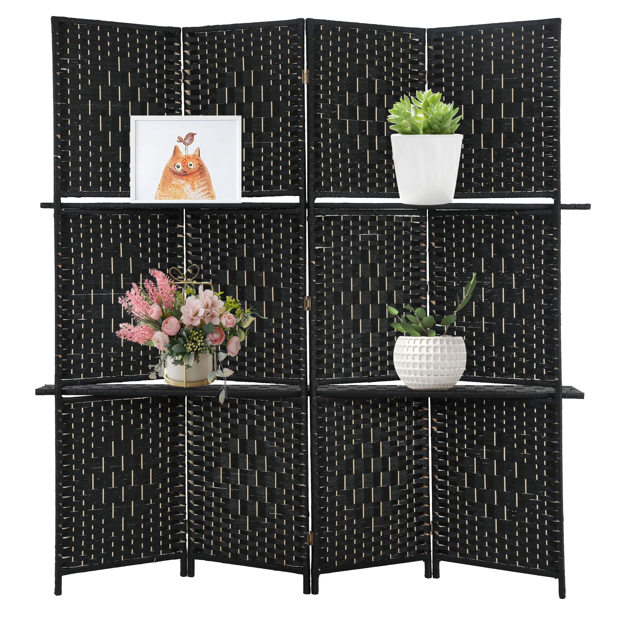 4 Panel Wooden Room Divider Screen - Portable Folding Partition with Removable Storage Shelves | Black Color | Perfect for Home Office, Bedroom Privacy & Space Organization