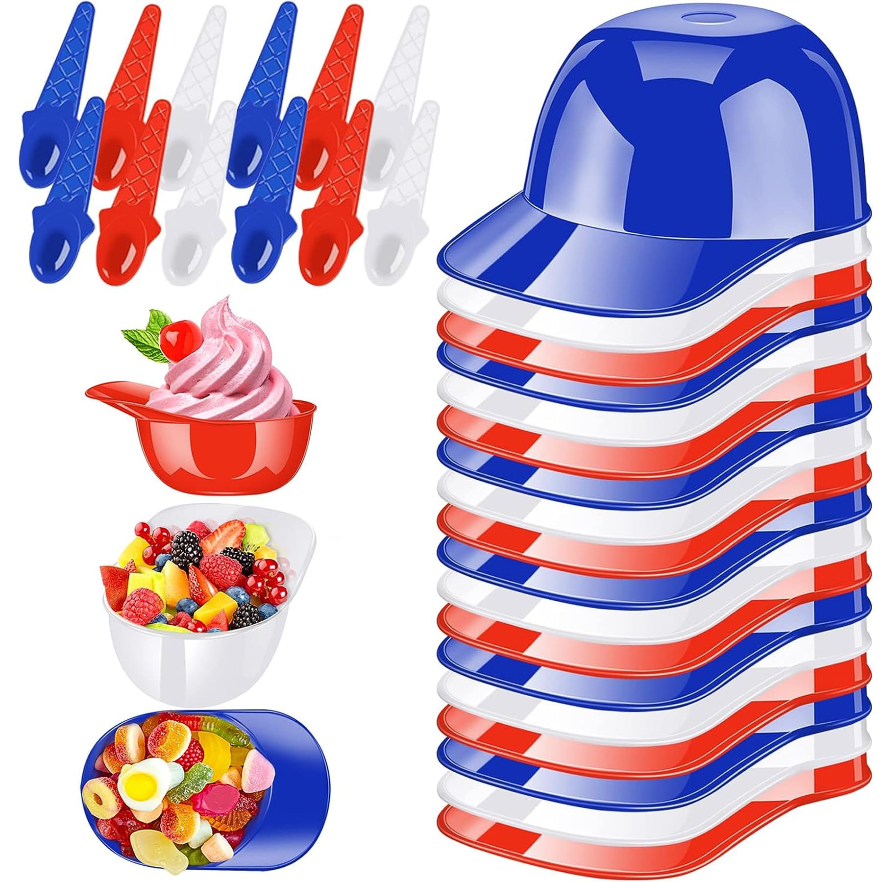 48 Pack Baseball Helmet Ice Cream Bowls with 24 Spoons and 24 Mini 8oz Dessert Cups - Reusable Sundae Bowls, Parfait Cups & Appetizer Dishes for Birthday Parties, Sports Events & Summer Treats