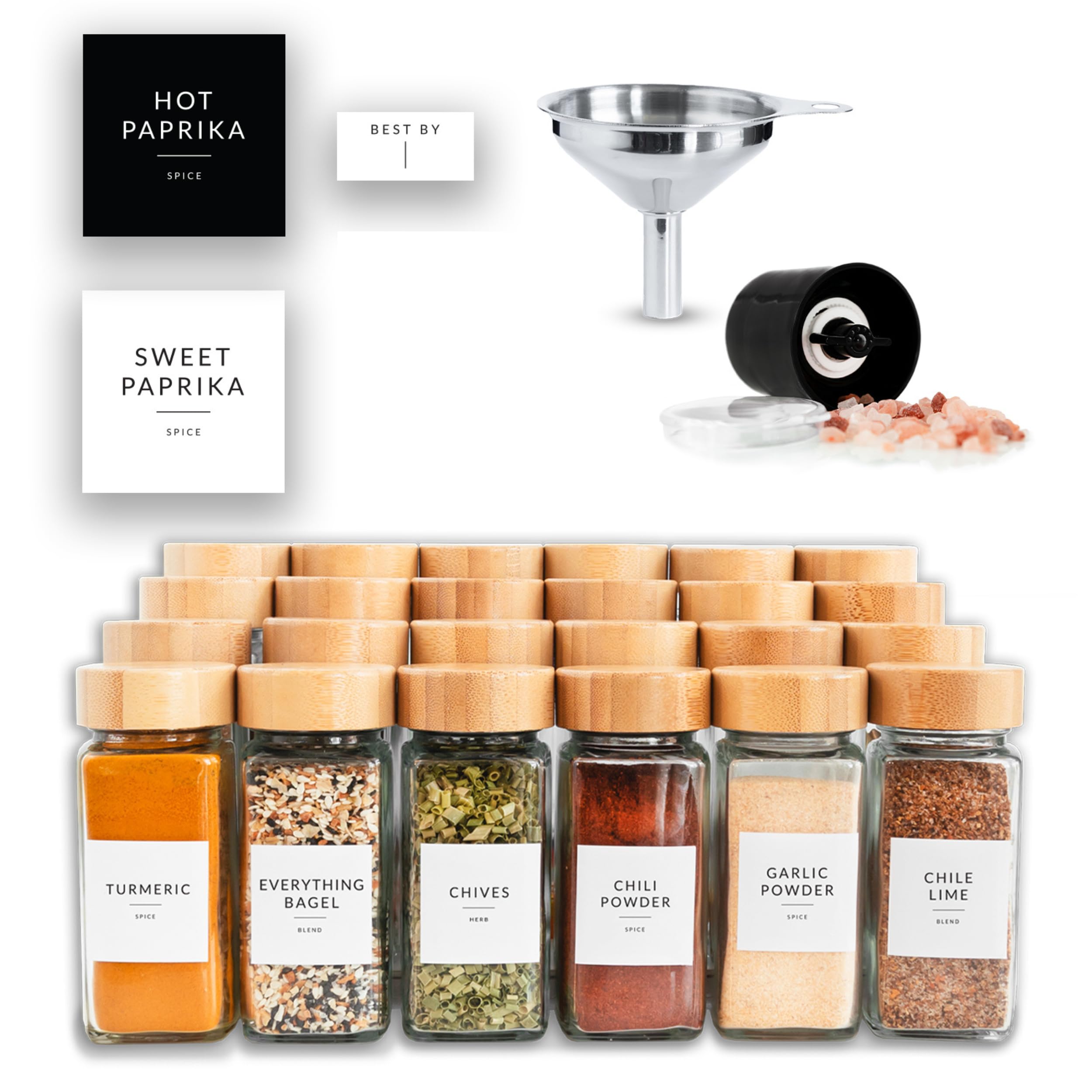 SAVVY & SORTED 24-Piece Glass Spice Jars Set with Bamboo Lids - 4oz Empty Herb & Seasoning Containers with 374 Spice Labels, Pepper Grinder, Funnel & Shaker Lids - Perfect for Kitchen Organization, Spice Storage & DIY Seasoning Gifts