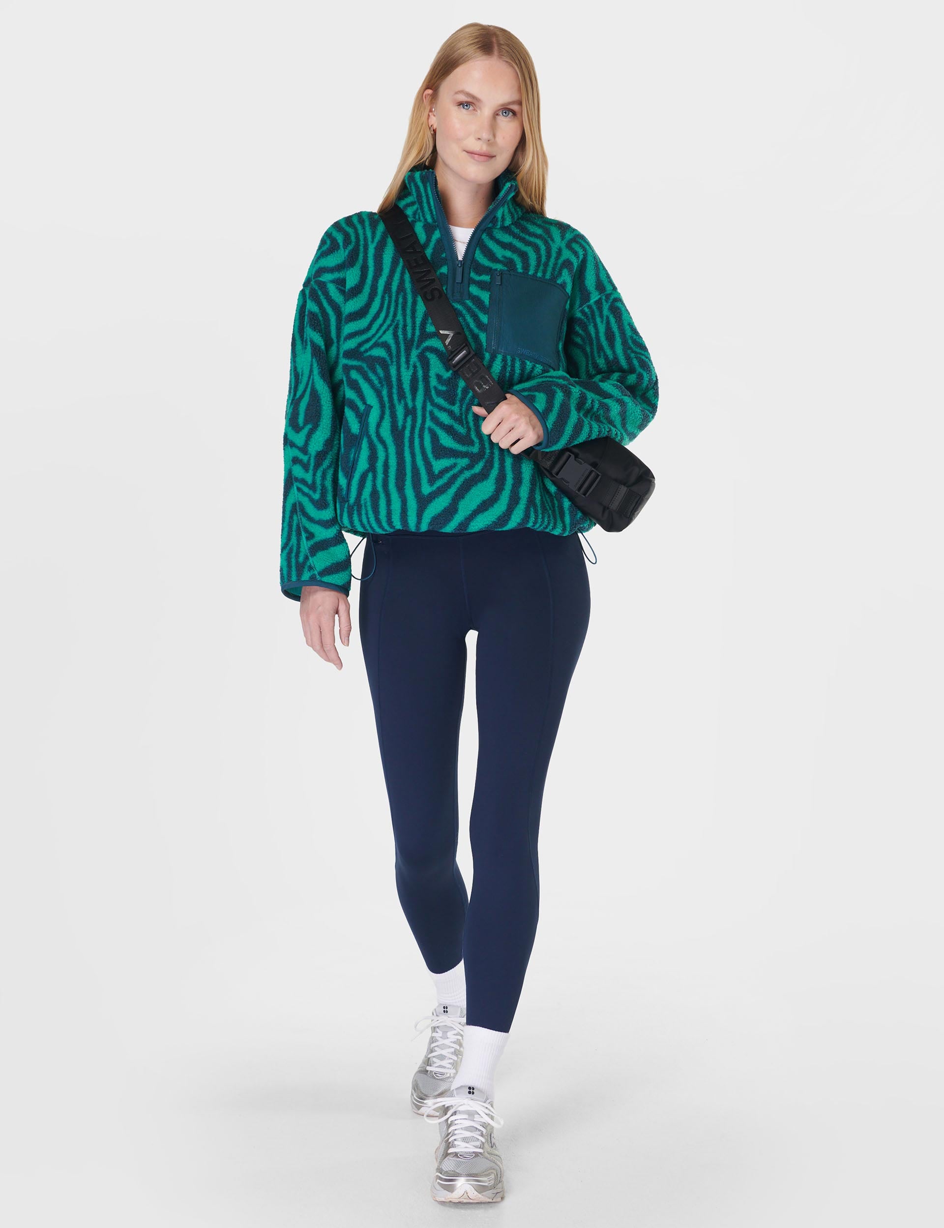 Karma Fleece Half Zip Pullover - Green Abstract Zebra Print Fleece Jacket for Men & Women | Cozy Outdoor Hiking & Casual Winter Wear