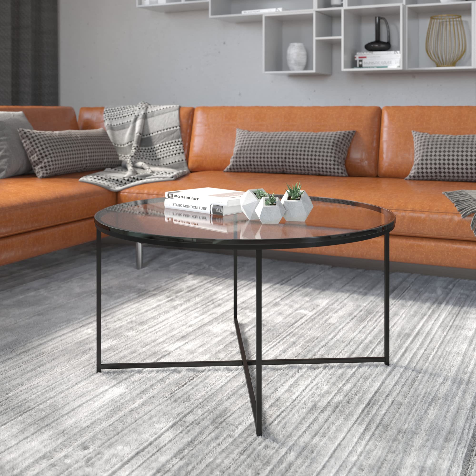 Modern Clear Glass Coffee Table with Crisscross Matte Black Frame - Flash Furniture Greenwich Collection - Perfect for Living Room, Office, or Lounge Decor