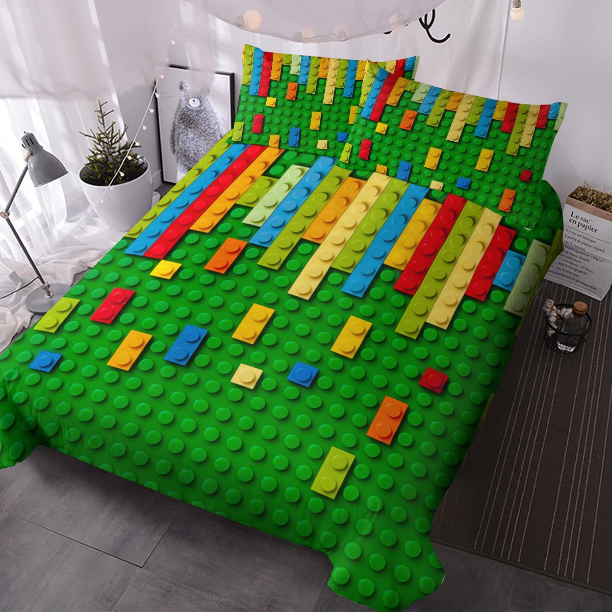 BlessLiving King Size Boys Bedding Set - Colorful Toy Blocks Duvet Cover 3-Piece Set for Kids & Teens | Green Comforter Cover for Boys & Girls | Perfect for Bedrooms, Playrooms & Sleepovers