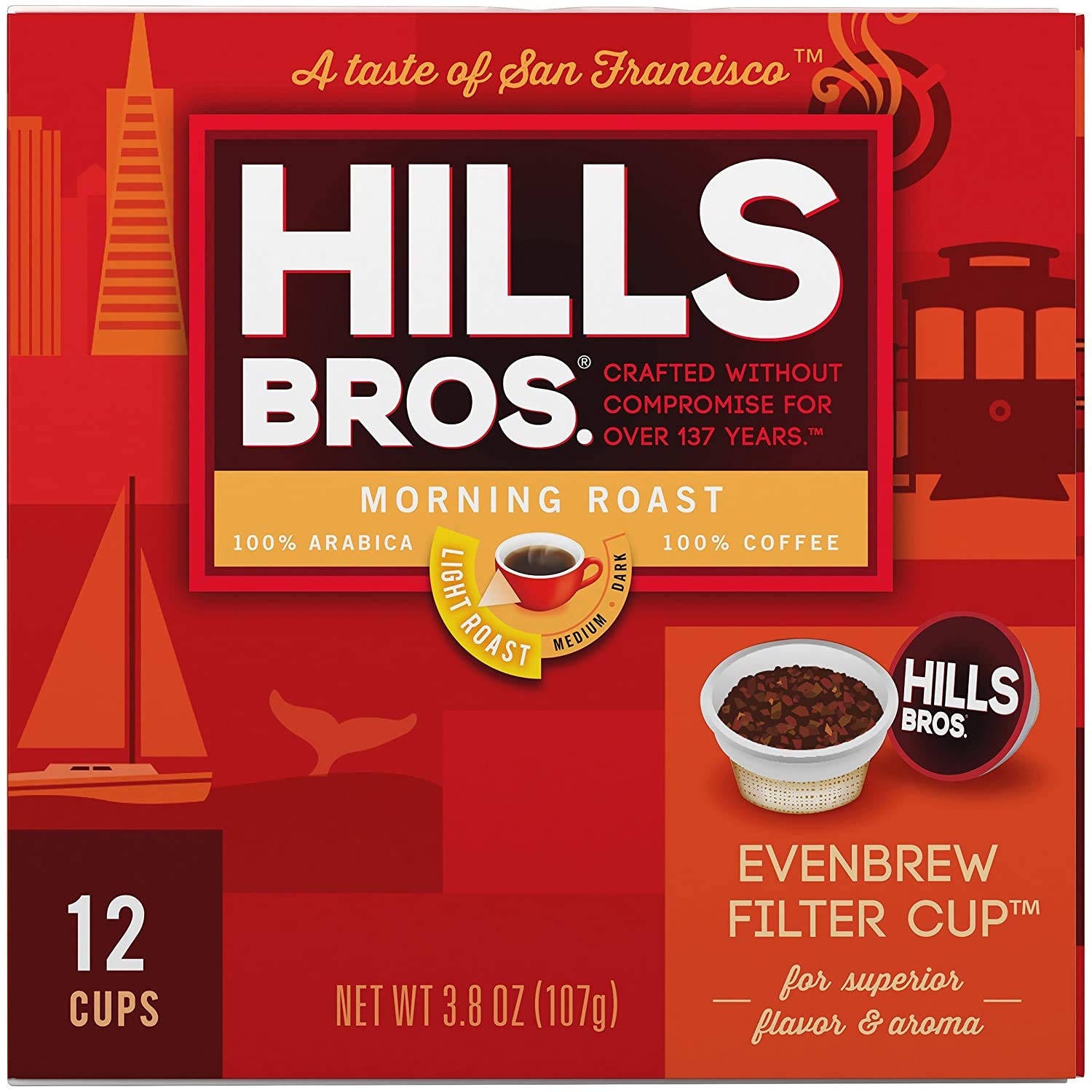 Hills Bros Light Roast Coffee Pods, 12 Count - Keurig Compatible for Morning Brew