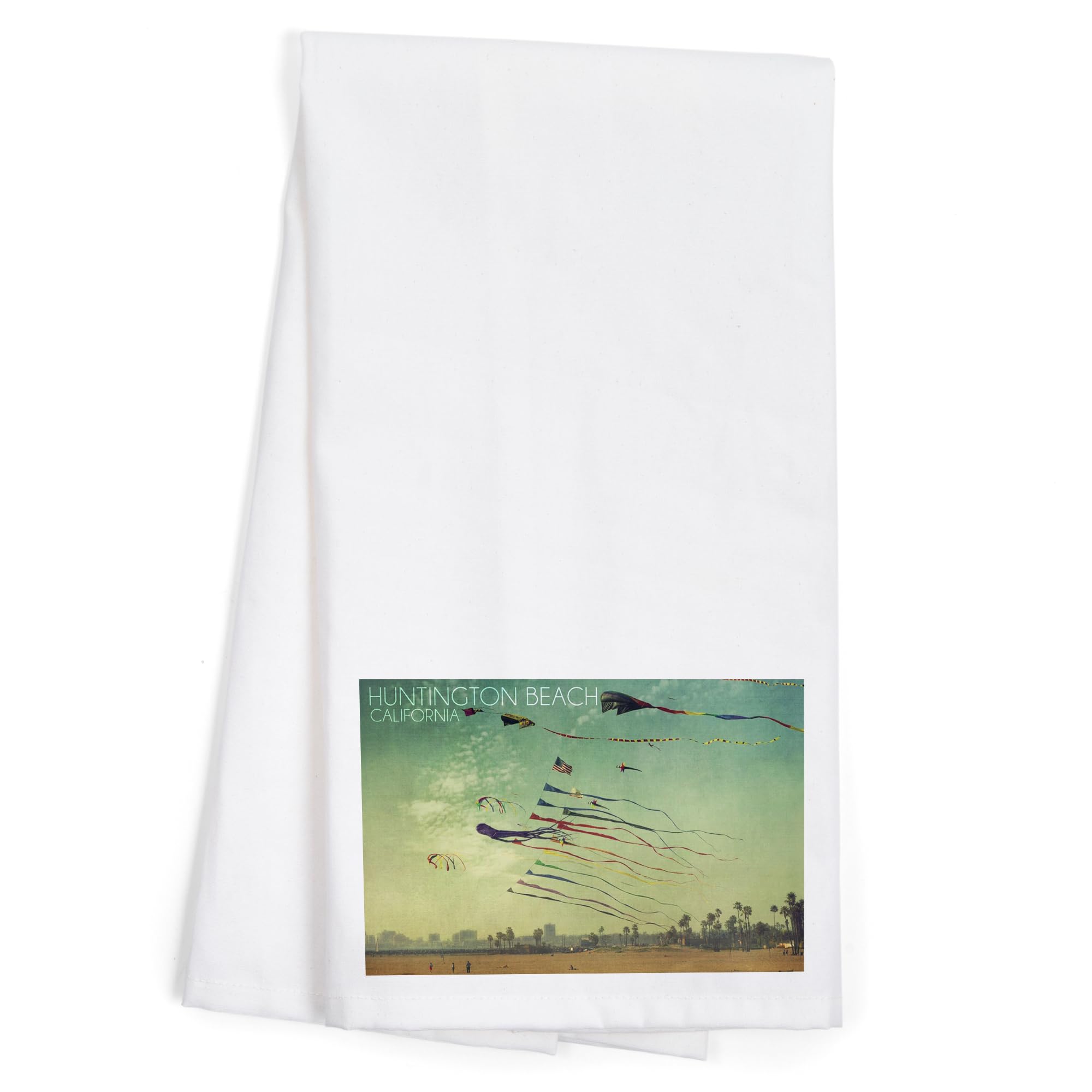 Lantern Press Huntington Beach California Kites and Beach 100% Cotton Tea Towel - Decorative Hand Towel for Kitchen, Home & Coastal Decor | Perfect for Beach Houses, Coastal Themed Kitchens & Gift Giving