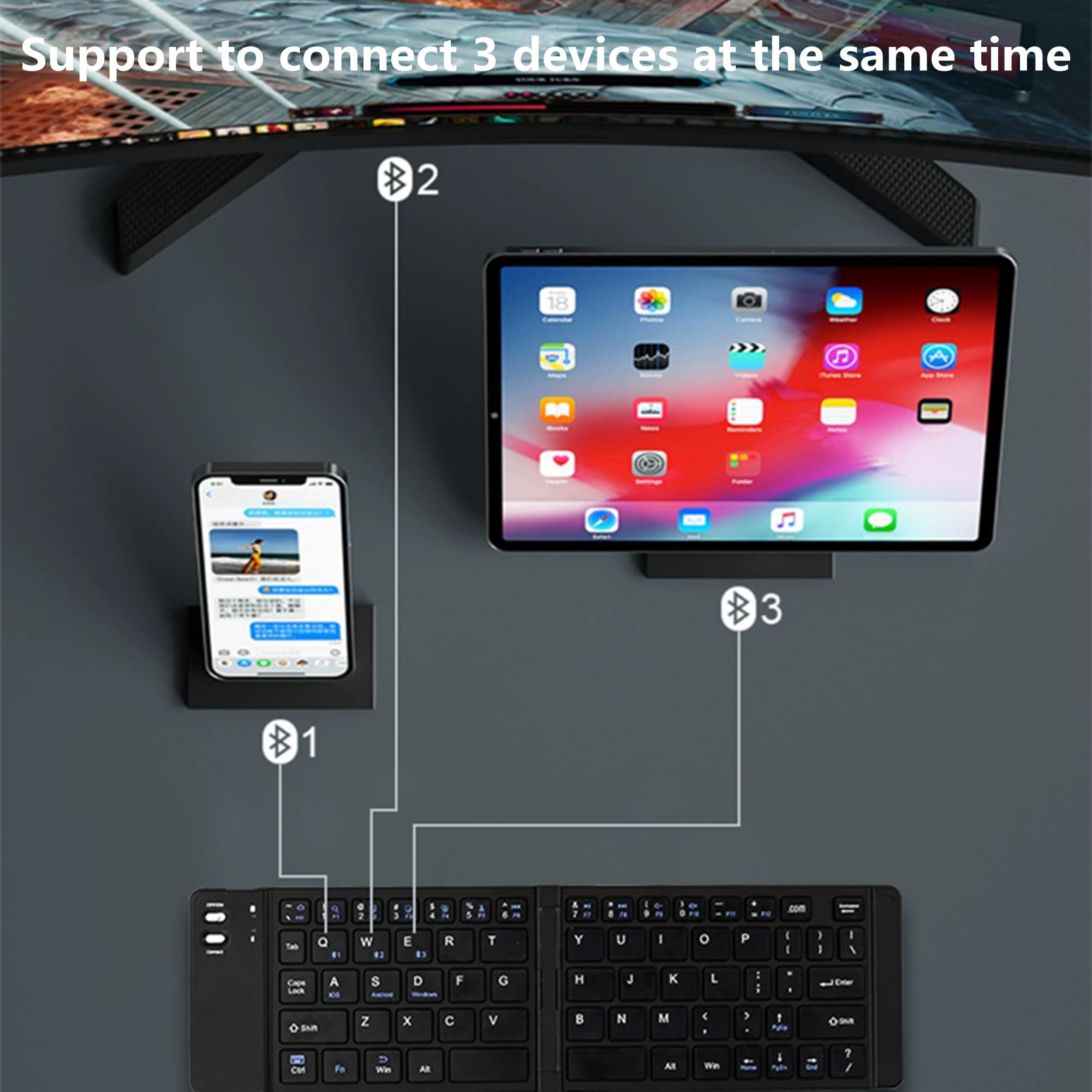 Foldable Bluetooth Keyboard - Ultra Slim Portable Wireless Keyboard for iPad, Tablet, Smartphone, Laptop (Windows/iOS/Android) - Rechargeable & Supports 3 Devices - Perfect for Travel, Office & Home Use - Black
