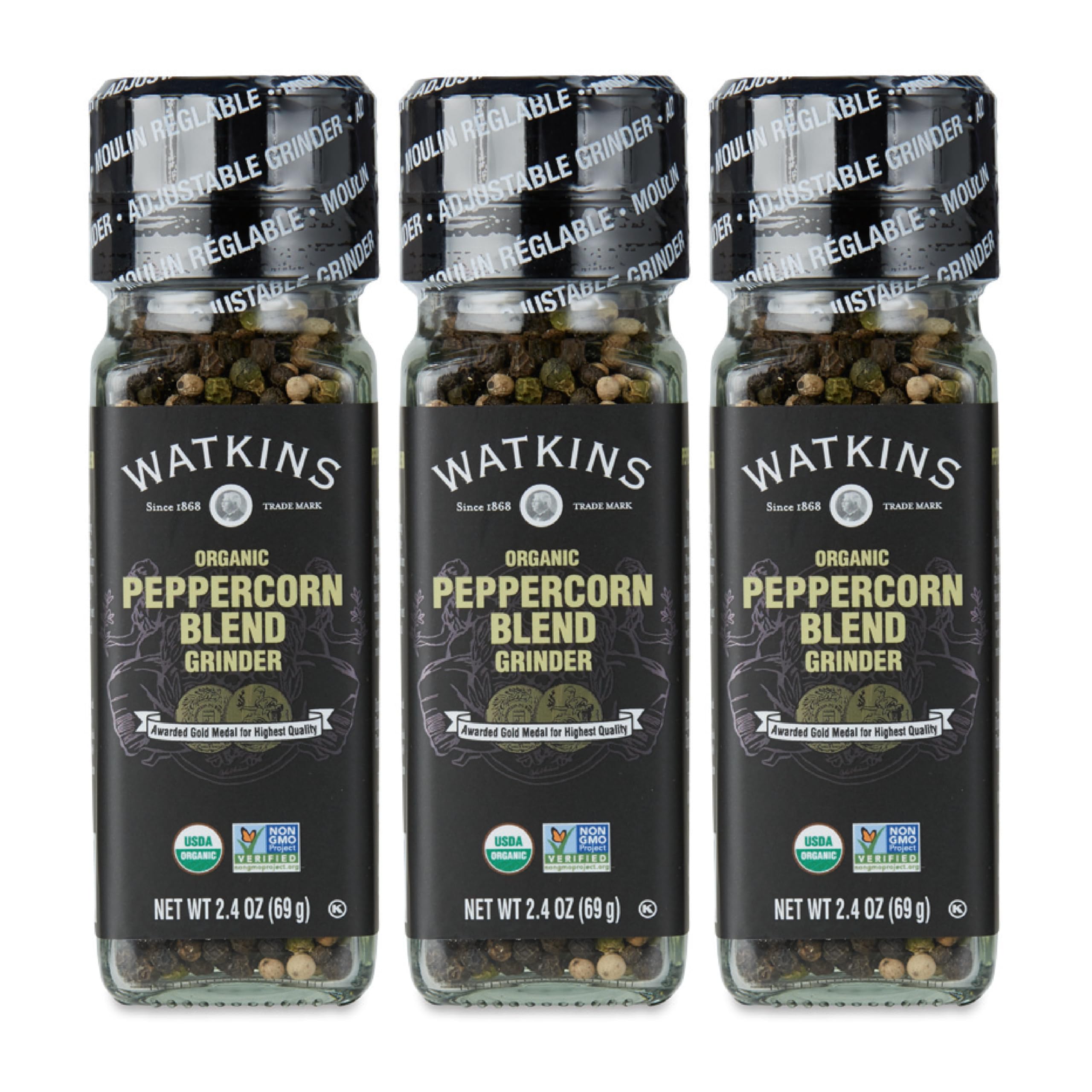Organic Peppercorn Blend Grinder - Watkins Premium 3-Pack (2.4oz Each) - Fresh Ground Pepper for Cooking, Steak Seasoning & Gourmet Dishes