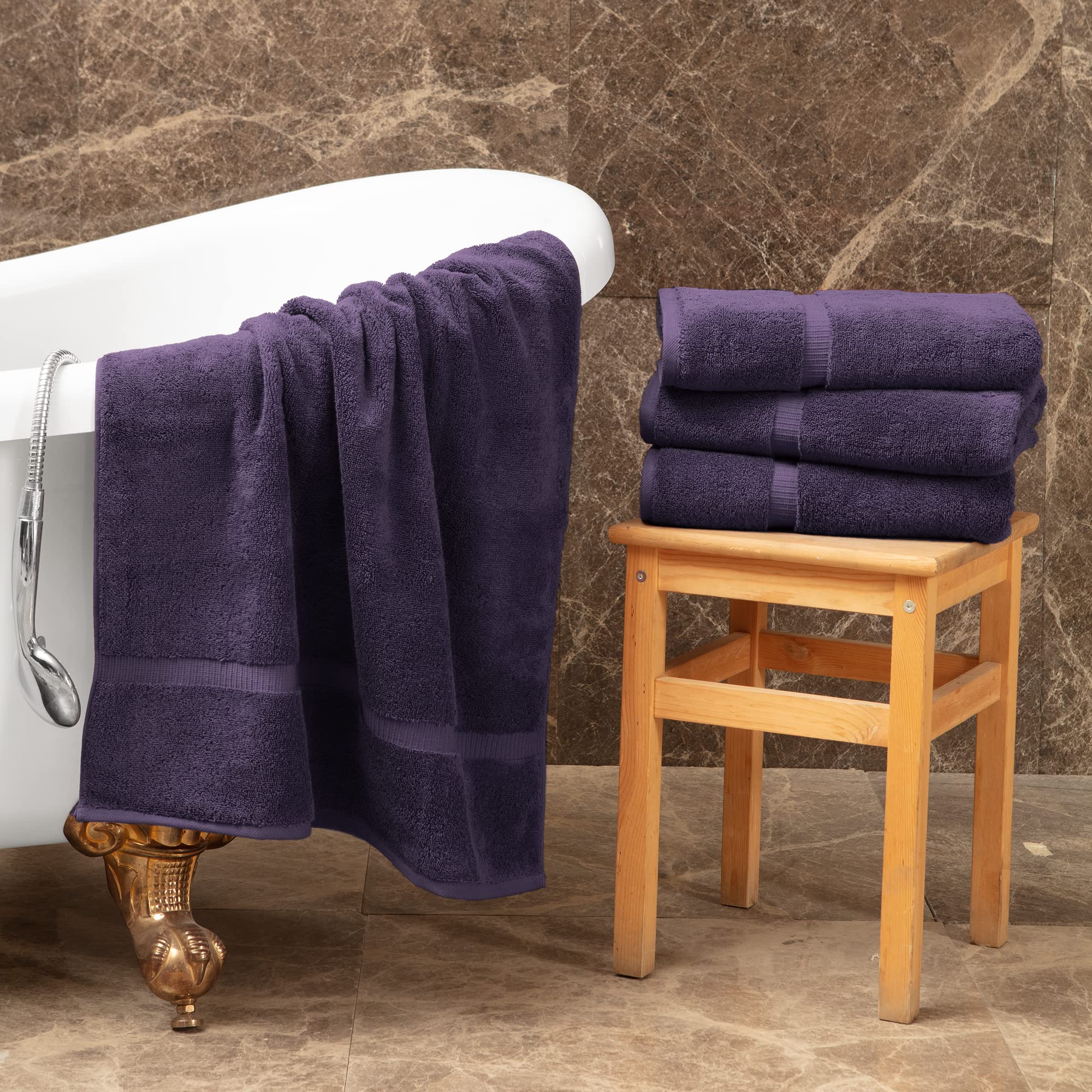 Premium Turkish Cotton Bath Towels Set of 4 - Ultra Soft & Highly Absorbent - Luxury Plum Purple Bathroom Towels for Spa, Beach & Gym Use