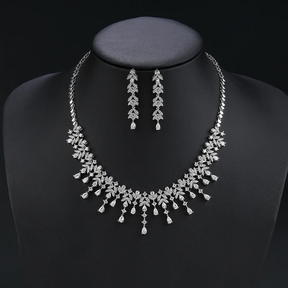 Elegant Leaf and Water Drops Necklace Earrings Set for Women - Luxury Bridal Jewelry Set with White Zirconia - Perfect for Weddings, Dubai Parties & Special Occasions - CN11203