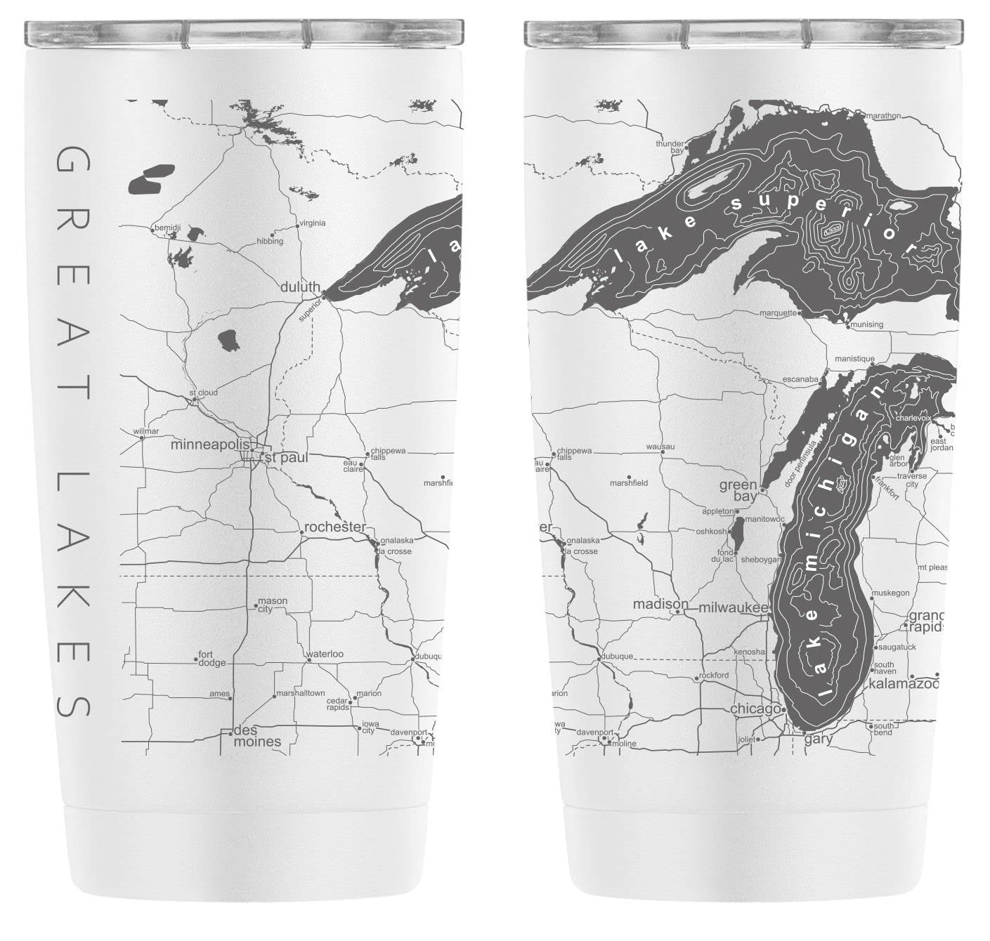 20 Oz. Stainless Steel Vacuum Insulated Tumbler with Great Lakes Map Design - White & Grey | Keeps Drinks Hot/Cold for Hours | Perfect for Camping, Hiking, Office & Travel