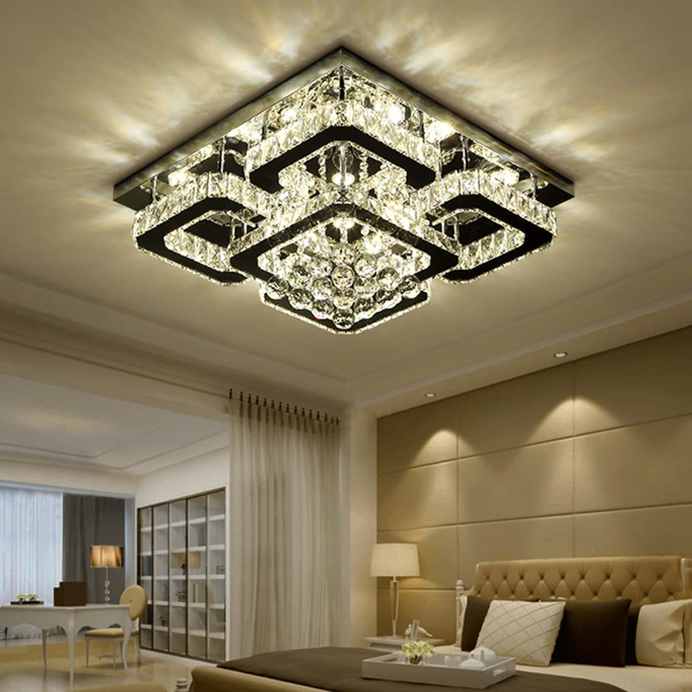 Dimmable 68W LED Crystal Chandelier Ceiling Light - 5-Square Flush Mount Fixture with Remote Control (3000K-6000K Adjustable) for Living Room, Kitchen, Bedroom, Dining Room & Office - Elegant Lighting for Home Decor & Commercial Spaces