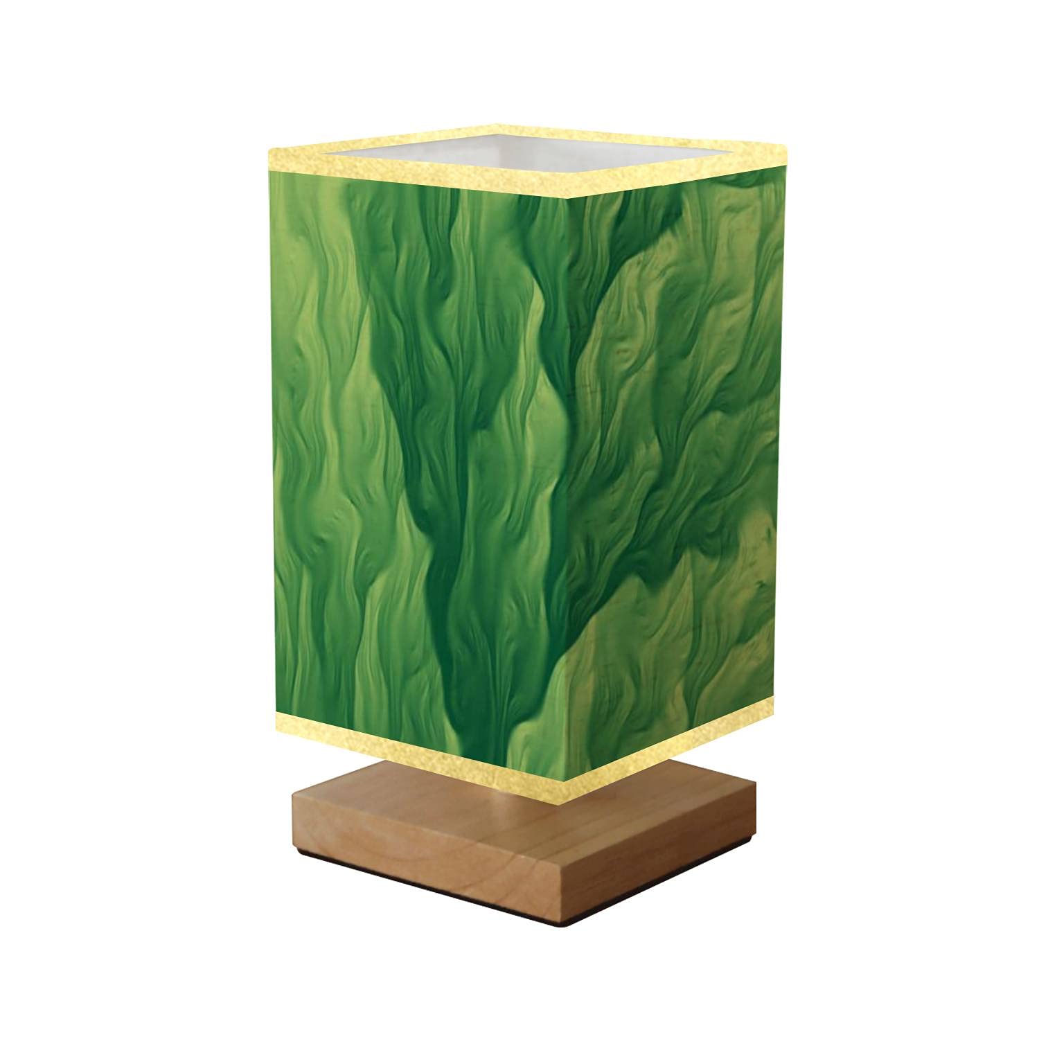 Square Dimmable Bedside Table Lamp with Green Seaweed Abstract Fractal Art Design, Wooden Base & Flaxen Fabric Shade - Modern Nightstand Lamp for Bedroom, Living Room, Office | Perfect for Reading, Relaxing & Ambient Lighting