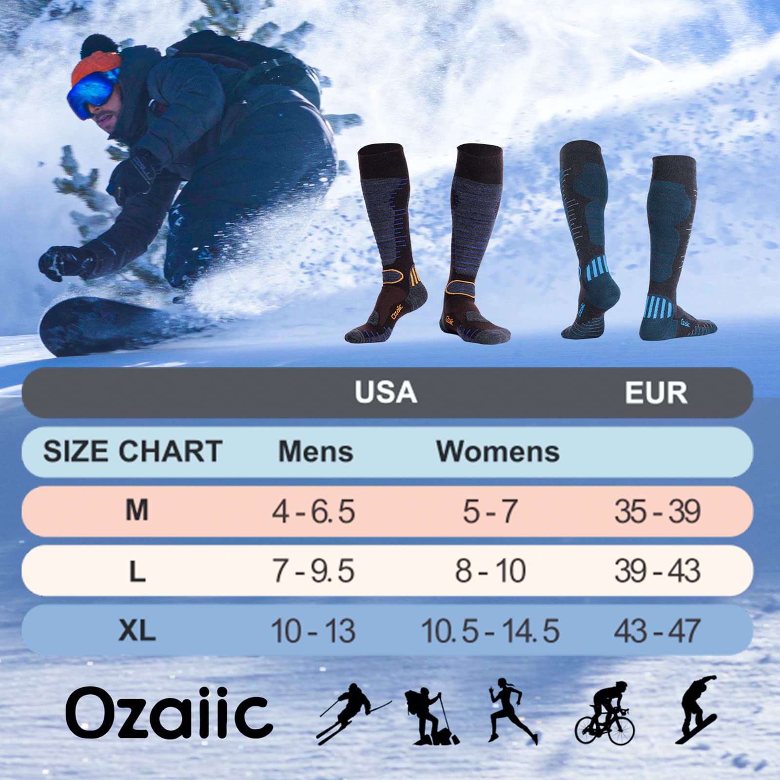 Merino Wool Ski Socks for Men & Women - 2 Pairs, Warm Thermal Performance for Skiing & Snowboarding