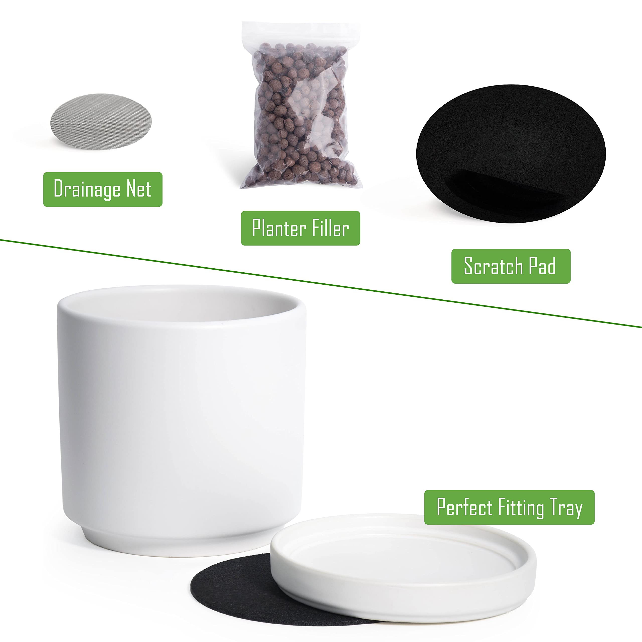 8 & 10 Inch White Ceramic Plant Pots with Drainage Hole & Saucer - Large Flower Planters for Indoor Outdoor Home Garden Decor - D'vine Dev Set of 2 (94-G-L-1)