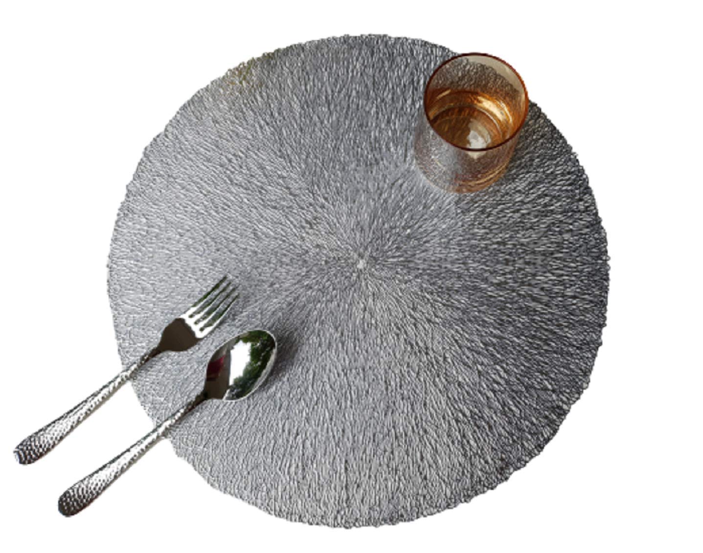 Round Silver Vinyl Placemats Set of 4 - 15 Inch Modern Dining Table Mats for Thanksgiving, Christmas & Housewarming Parties - Waterproof & Easy Clean Place Settings for Everyday Use & Special Occasions