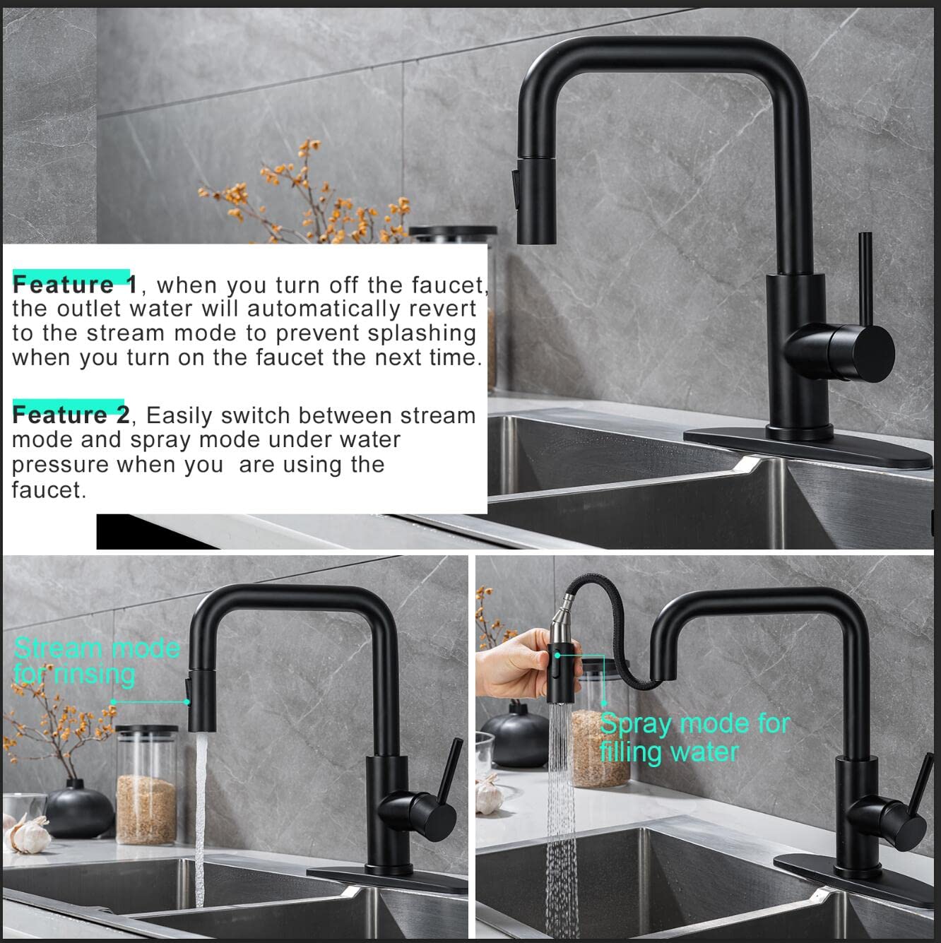 Stainless Steel Single Handle Pull Out Sprayer Kitchen Faucet - Matte Black Finish for Modern Sink & Countertop | Ideal for Cooking, Washing Dishes & Food Prep