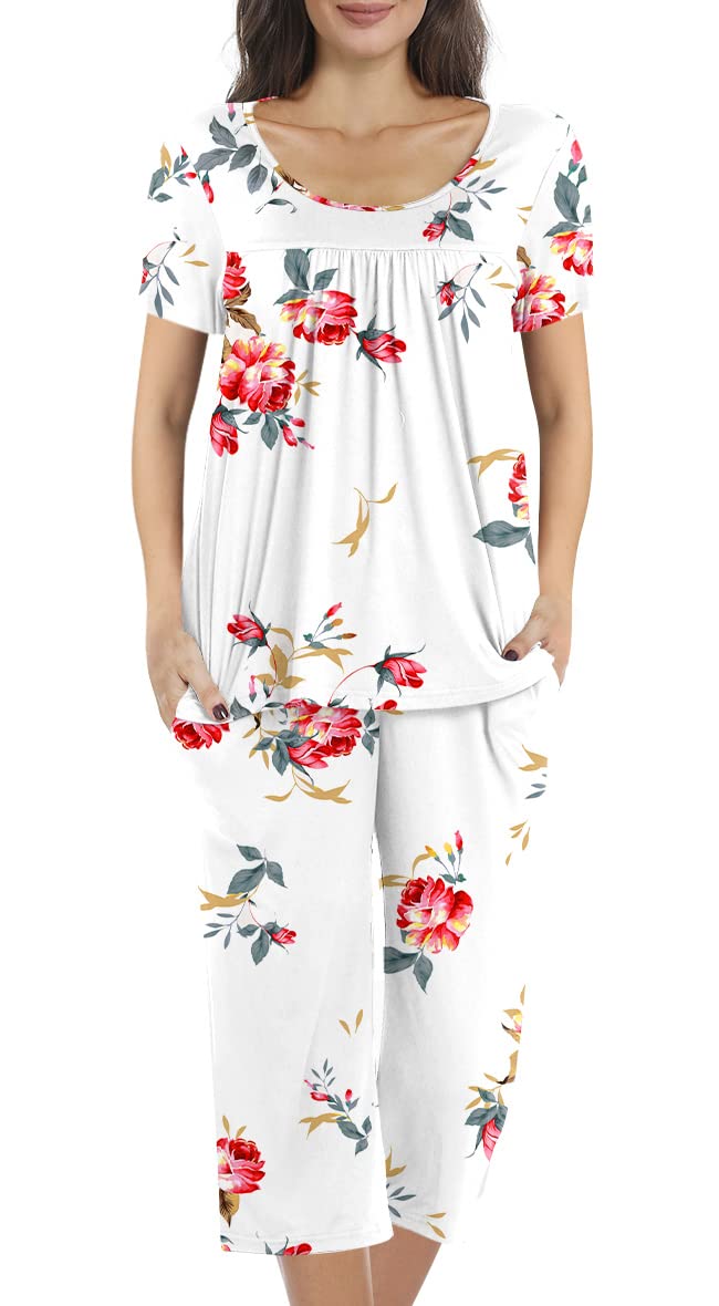 POPYOUNG 2024 Summer Women's 2 Piece Pleated Pajama Set - Soft Lounge Sleepwear with Pockets for Comfortable Nights & Relaxing at Home