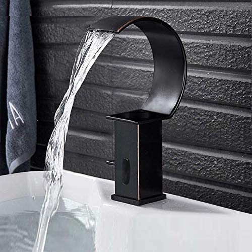 BS-WBT7876 Touchless Automatic Motion Sensor Faucet - Waterfall Brass Deck Mount Faucet with Hot & Cold Water - Oil Rubbed Bronze Finish for Modern Bathroom & Kitchen Sink | ADA Compliant, Water-Saving Design