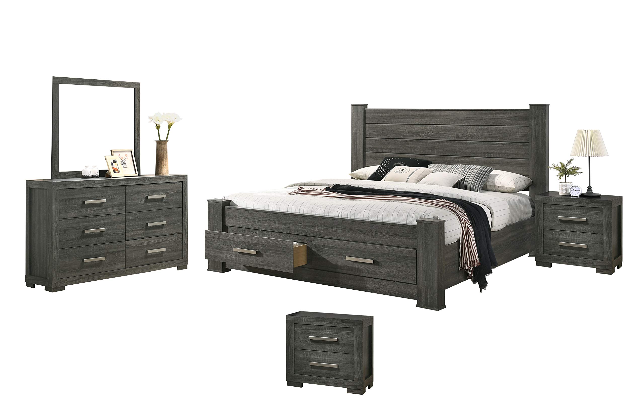 5-Piece Eastern King Bedroom Set with Dresser, Mirror & 2 Nightstands - Premium Weathered Gray Furniture for Master Bedroom Decor | Complete Bedroom Solution