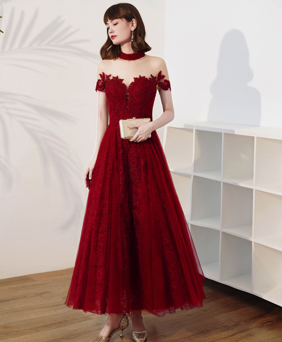 Elegant Burgundy High Neck Tulle Lace Tea-Length Prom Dress - Formal Evening Gown for Women | Perfect for Homecoming, Quinceañera & Special Occasions