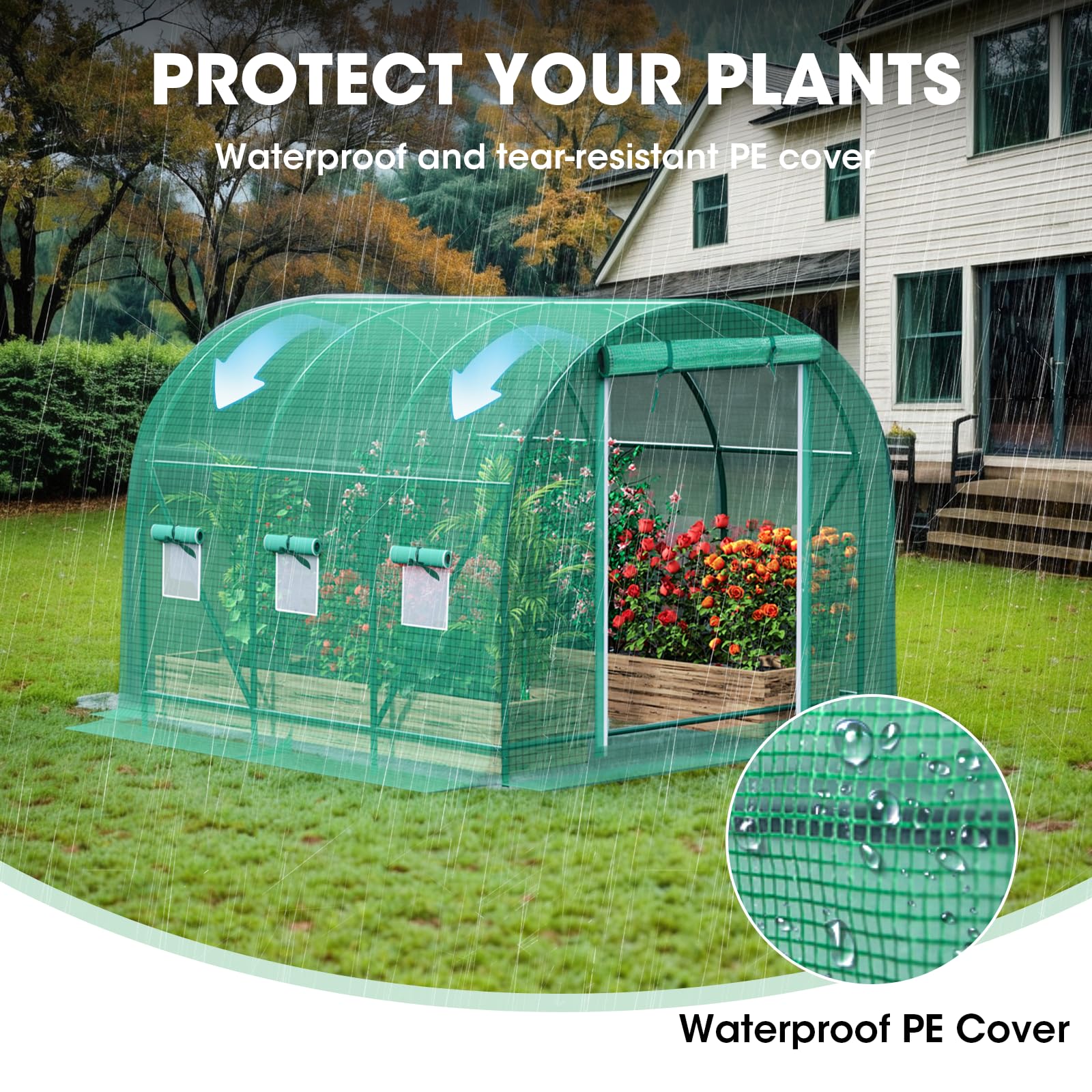 Grezone 10x7x7 FT Walk-in Greenhouse with Dual Zippered Screen Doors & 6 Vent Windows - Heavy Duty Reinforced Frame Plastic Plant House for Outdoor Gardening, Seed Starting & Plant Protection