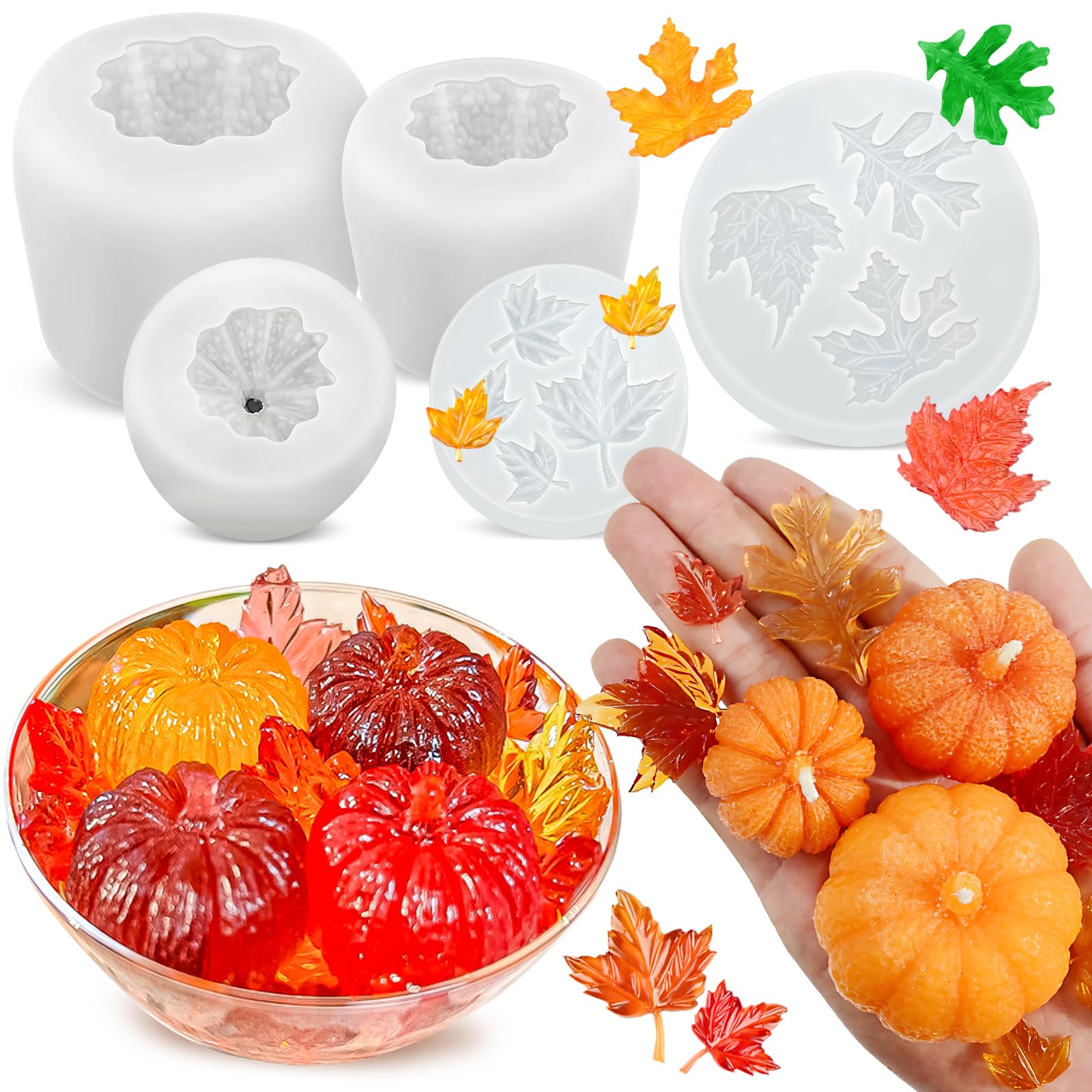 (5Pcs) 3D Pumpkin Silicone Molds with Maple Leaf - Halloween Candle Making Kit for DIY Epoxy Resin, Soap & Home Decor - Perfect for Fall Thanksgiving Crafts, Party Favors & Seasonal Centerpieces