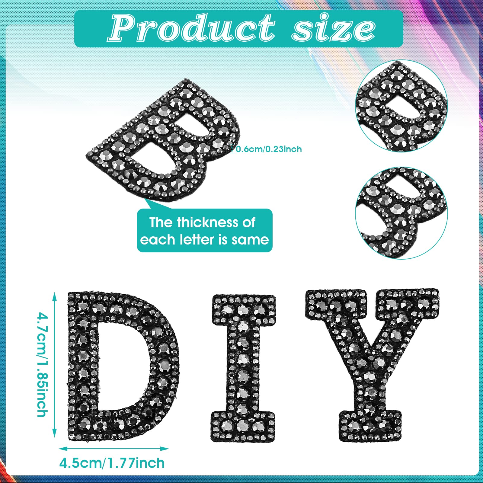 Prasacco 26 Pcs A-Z Rhinestone Pearl Glitter Iron On Letter Patches for Clothing - DIY Sewing Craft Supplies - Black Alphabet Embroidered Patches for Jackets, Hats, Bags & Denim Customization