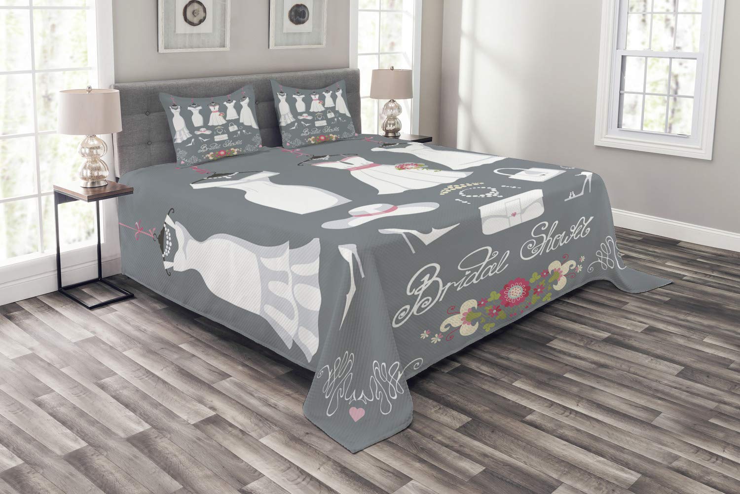 Ambesonne 3-Piece Bridal Shower Bedding Set - Queen Size White Wedding Dress Floral Print Bedspread with 2 Pillow Shams, Charcoal Grey & White - Perfect for Wedding Guest Rooms, Bridal Showers & Honeymoon Suites