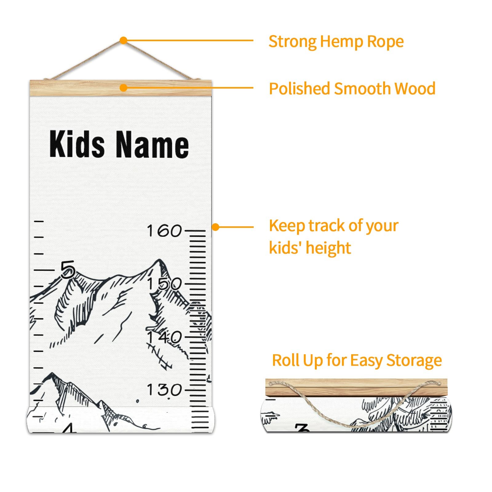 Personalized Kids Name Growth Chart Ruler - Wood Frame Wall Height Measure for Children 13.4x56 Inches - Linen Hanging Growth Tracker for Nursery, Bedroom & Playroom Decor - Perfect for Winter Mountain Themed Kids Rooms & Baby Shower Gifts