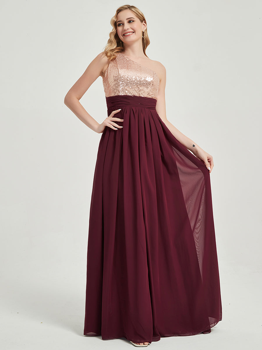 Elegant One Shoulder Sleeveless Chiffon Sequin Bridesmaid Dress - Desert Rose Color for Wedding Party, Formal Events & Special Occasions