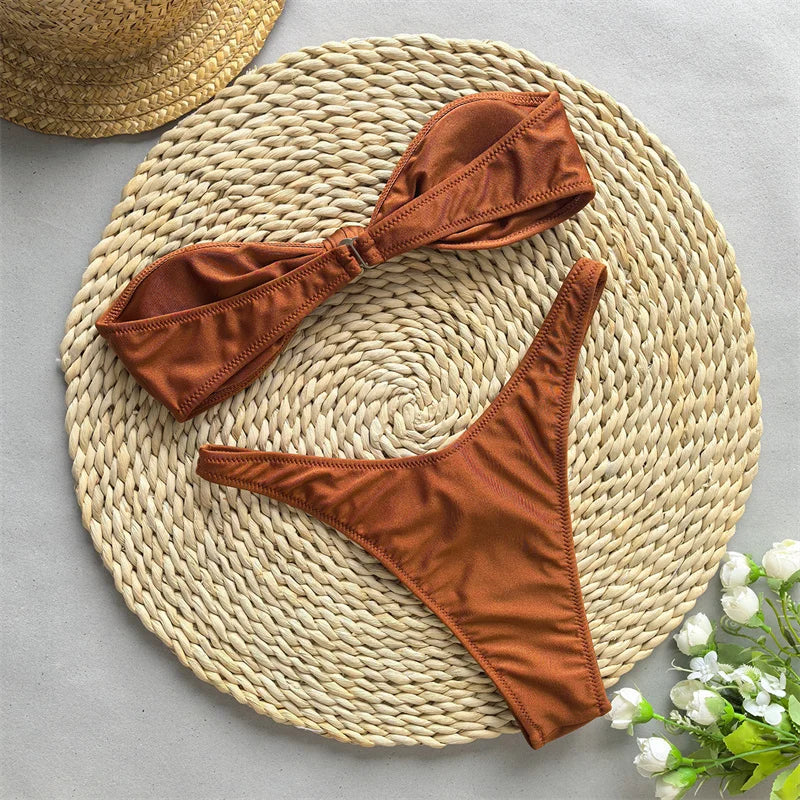 Women's High Cut Bikini Set 2024 - Brazilian Knotted Bandeau & Cheeky Bottoms Swimwear | Sexy Two Piece Bathing Suit for Beach, Pool & Vacation