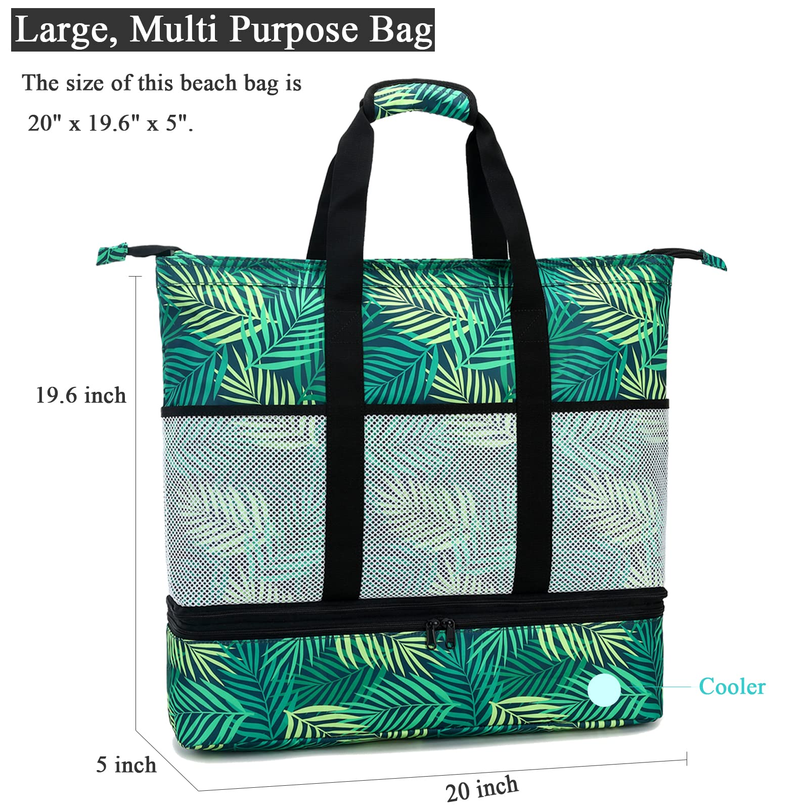 Octsky Large Waterproof Beach Tote Bag with Cooler & 9 Pockets - Sandproof Zippered Pool Bag for Women | Perfect for Beach Trips, Pool Parties & Summer Vacations