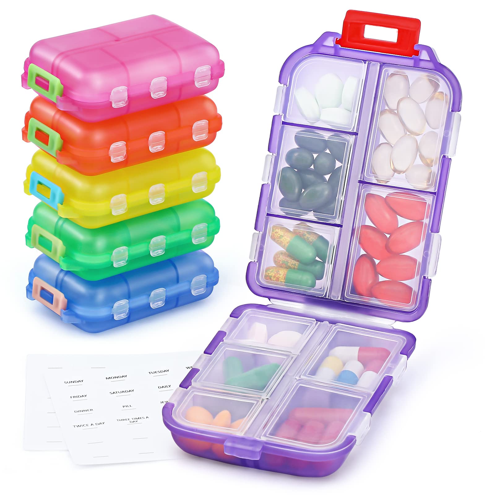 6 Pack Multicolor Travel Pill Organizer - 10 Compartment Small Medicine Case for Purse, Pocket & Bag | Portable Weekly Pill Holder for Daily Use, Outdoor, Office & Travel | Perfect Gift Idea for Family & Friends