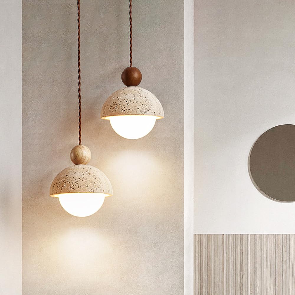 Natural Stone Shade Spherical Pendant Light - Retro Mini Pendant Lamp Nordic Style Hanging Lighting for Kitchen Island, Dining Room & Bedroom - Solid Wood Ceiling Light with E27 Socket - Perfect for Farmhouse, Modern & Industrial Decor