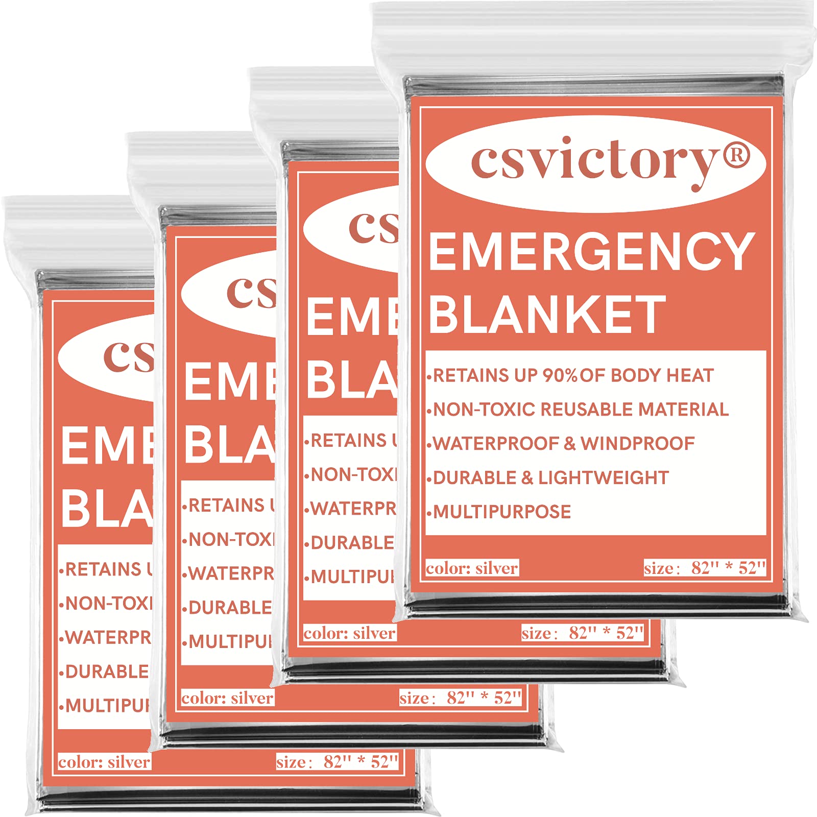 CSVICTORY Emergency Thermal Blankets for Survival & First Aid - 4 Pack, Reflective Mylar Blankets for Camping, Hiking, Outdoor Adventures & Emergency Kits - Compact & Lightweight for Easy Storage