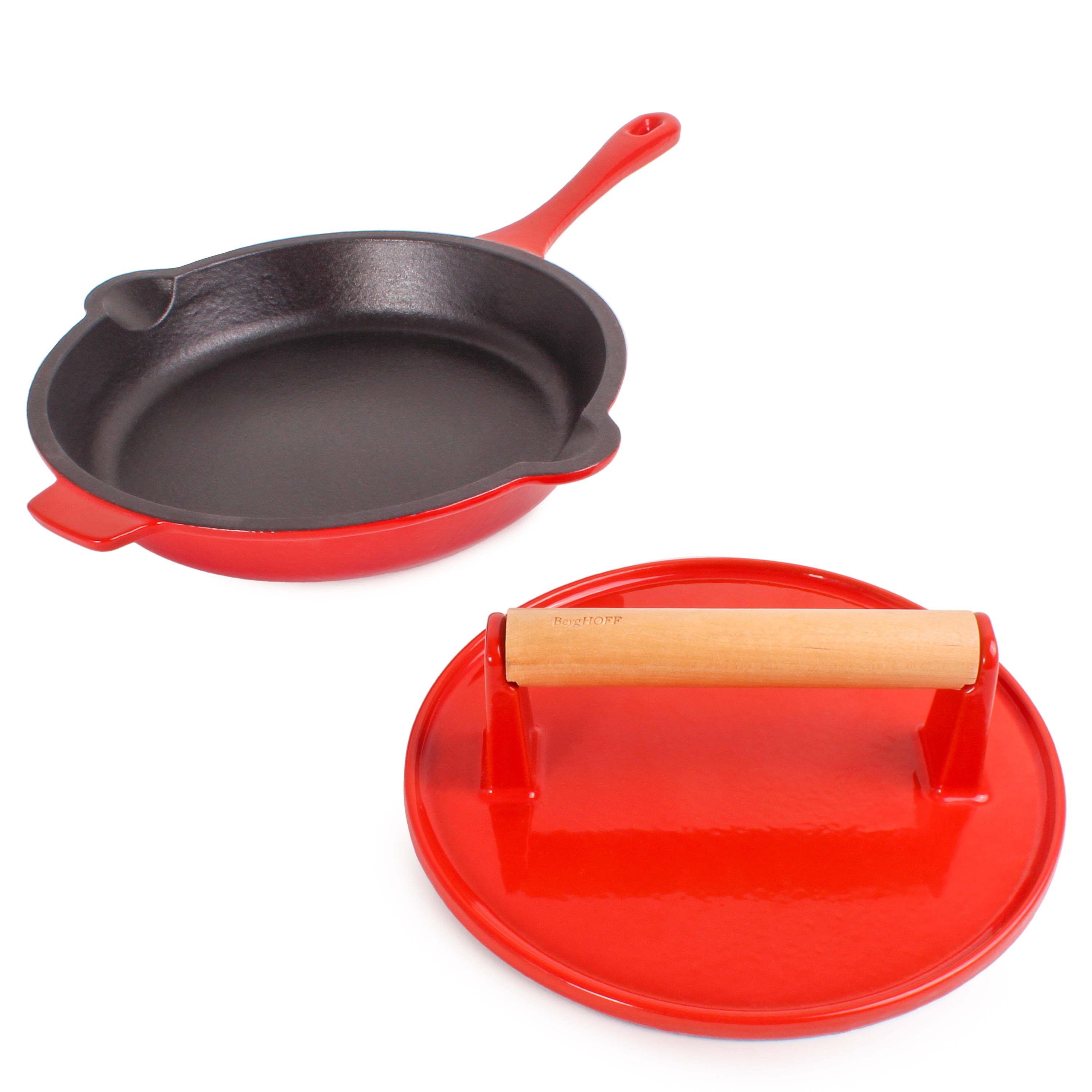 BergHOFF Neo 2-Piece Cast Iron 10-Inch Fry Pan Set with Steak Press, Red - Perfect for Grilling, Searing Steaks & Cooking Breakfast - Ideal for Home Chefs & Outdoor Cooking