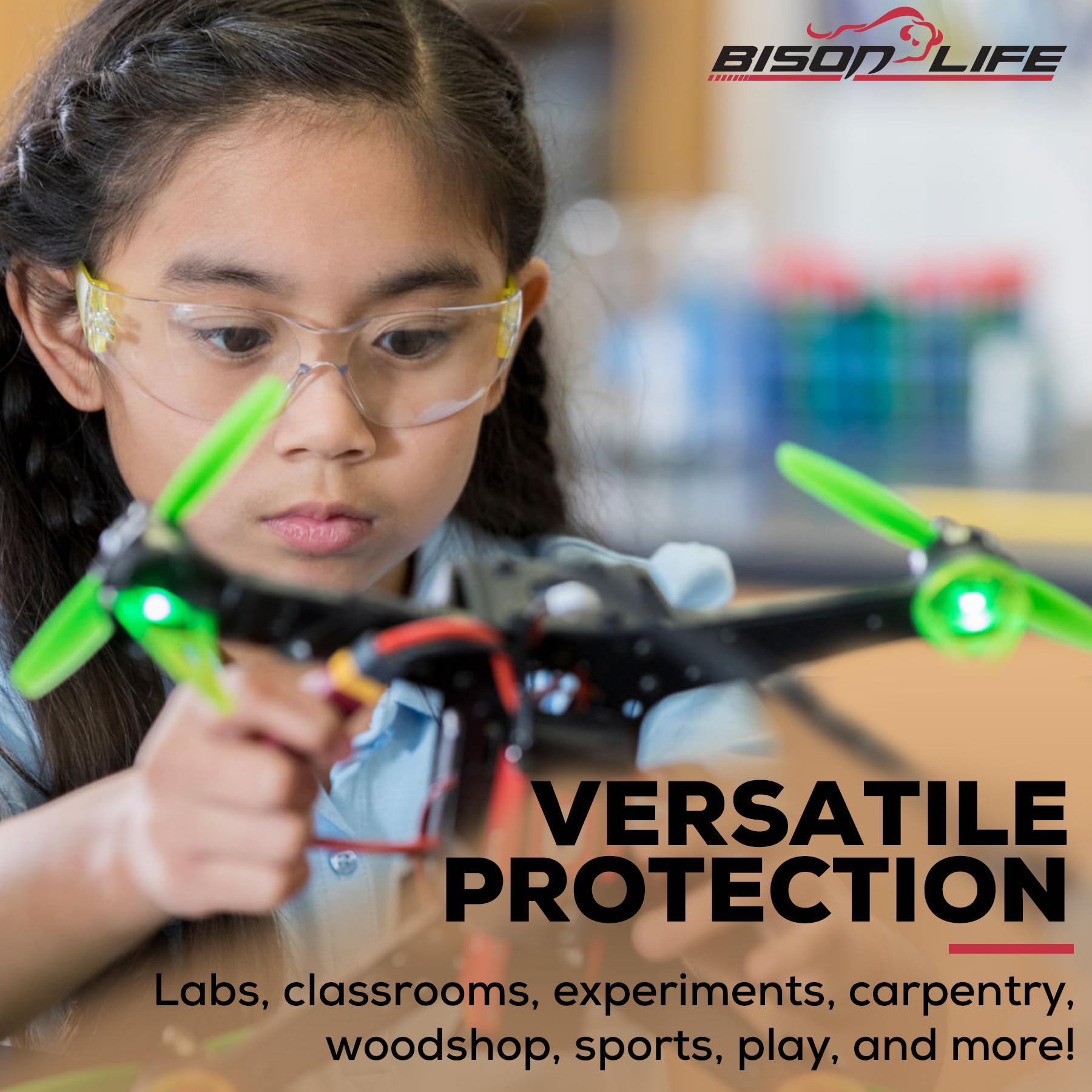 BISON LIFE Kids Safety Glasses - ANSI Z87.1 Certified Protective Eyewear for Children, Bulk Pack of Science Safety Goggles for School Labs, Woodworking, and DIY Projects