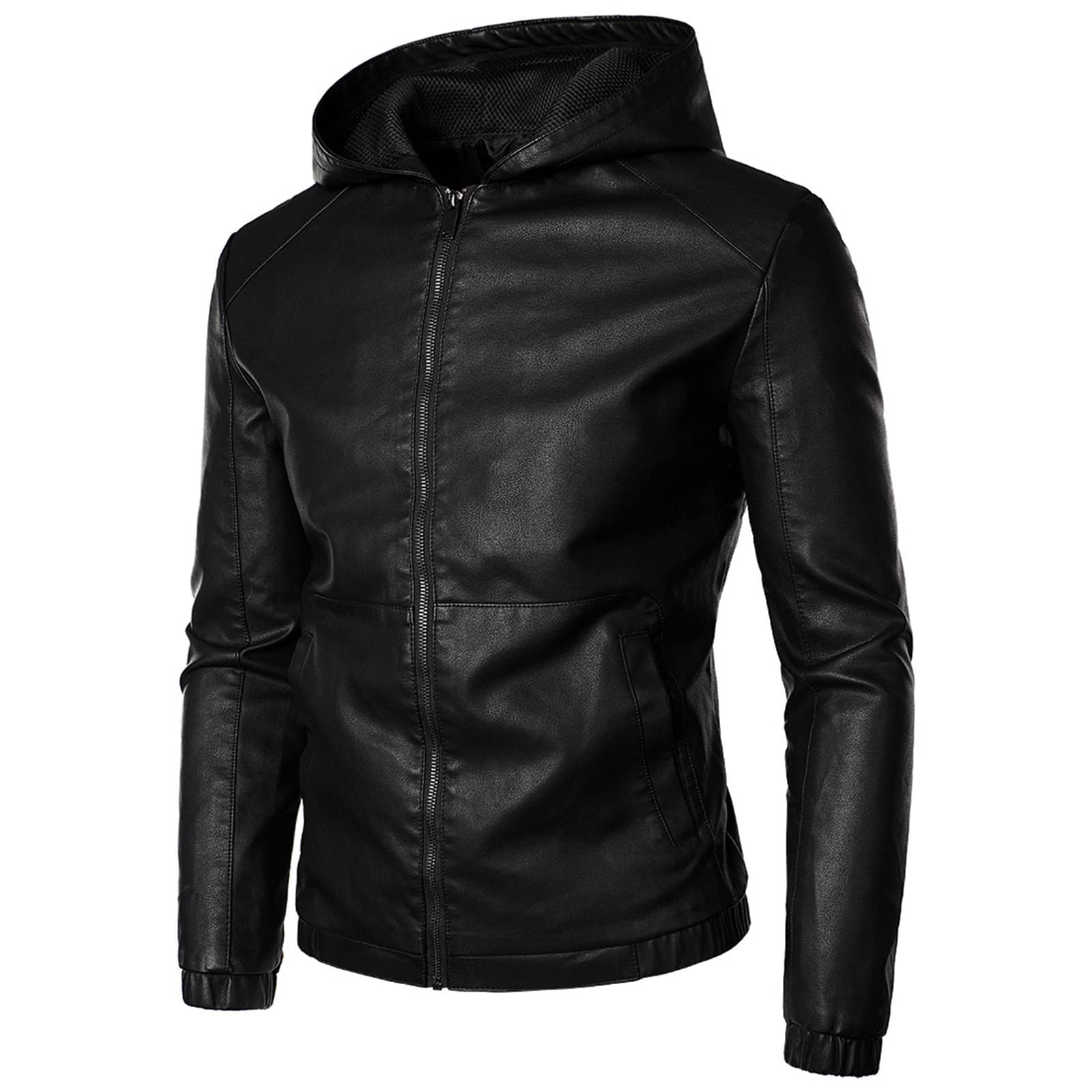 **Men's Black Faux Leather Hooded Motorcycle Jacket - Slim Fit Zip-Up Bomber Coat with Hood, Punk Style Windbreaker for Riding & Outdoor Activities**