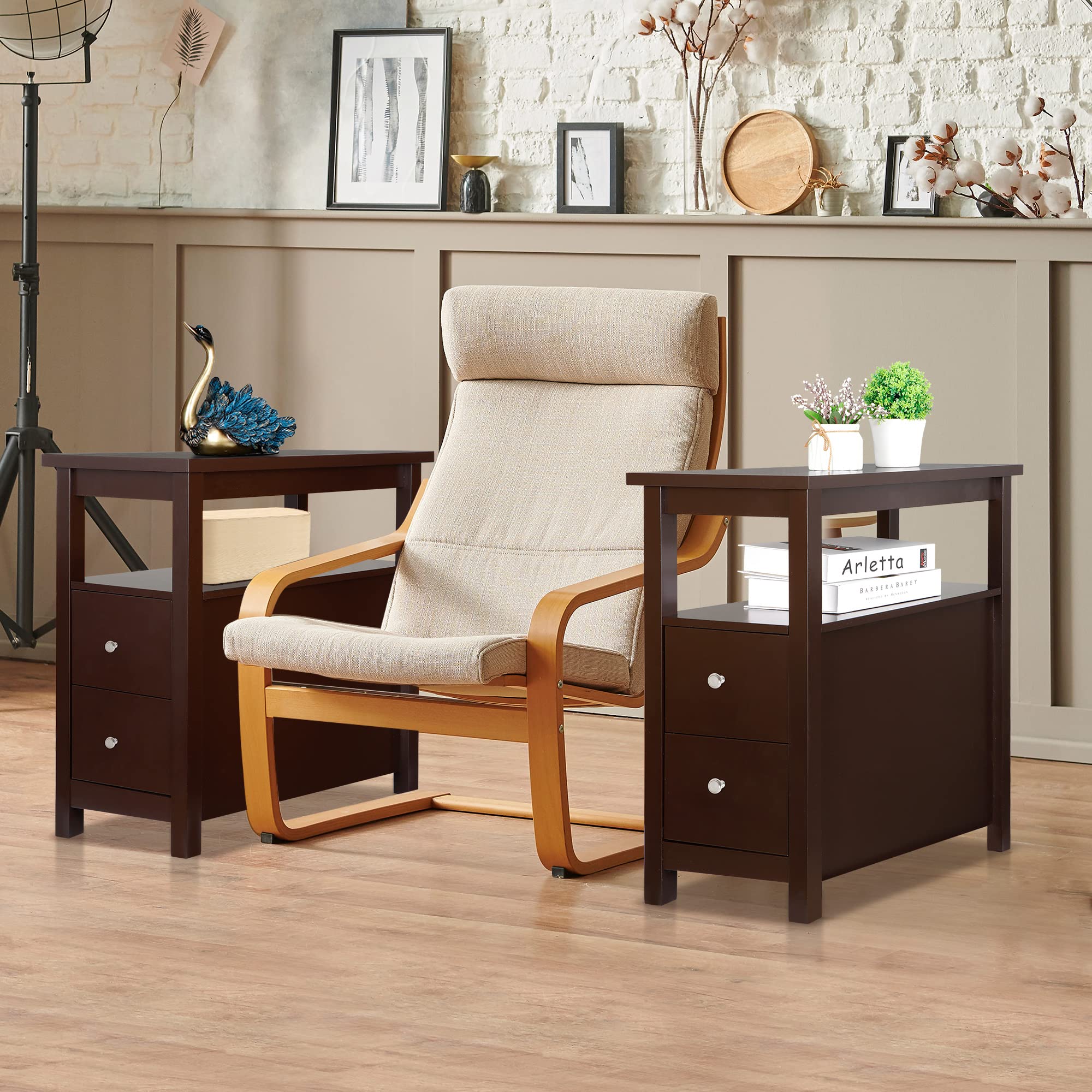 2-Piece Narrow End Table Set with 2 Drawers & Storage Shelf - 3-Tier Slim Sofa Side Table for Living Room, Bedroom & Small Spaces - Espresso Finish | Perfect for Apartment Decor, Coffee Table Alternative & Space-Saving Furniture