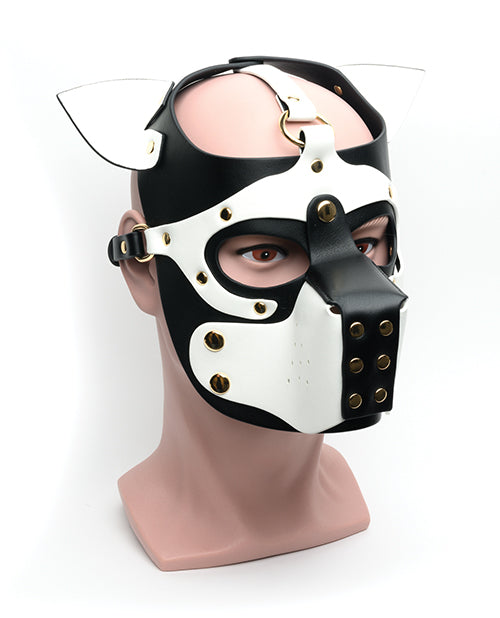 665 Bondage Pup Hood - Adjustable BDSM Leather Dog Hood for Role Play - Black/White - Perfect for Fetish Parties, Cosplay, and BDSM Enthusiasts