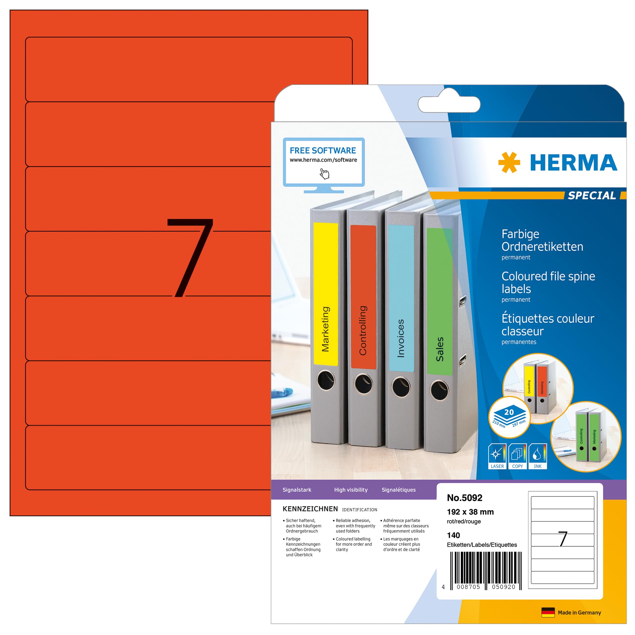 HERMA Self Adhesive Spine Labels - 140 Blank Lever Arch File Folder Stickers (192x38mm, 7 Labels per A4 Sheet, 20 Sheets) - Compatible with Laser & Inkjet Printers - Perfect for Office Organization, File Classification & Document Management (Red)