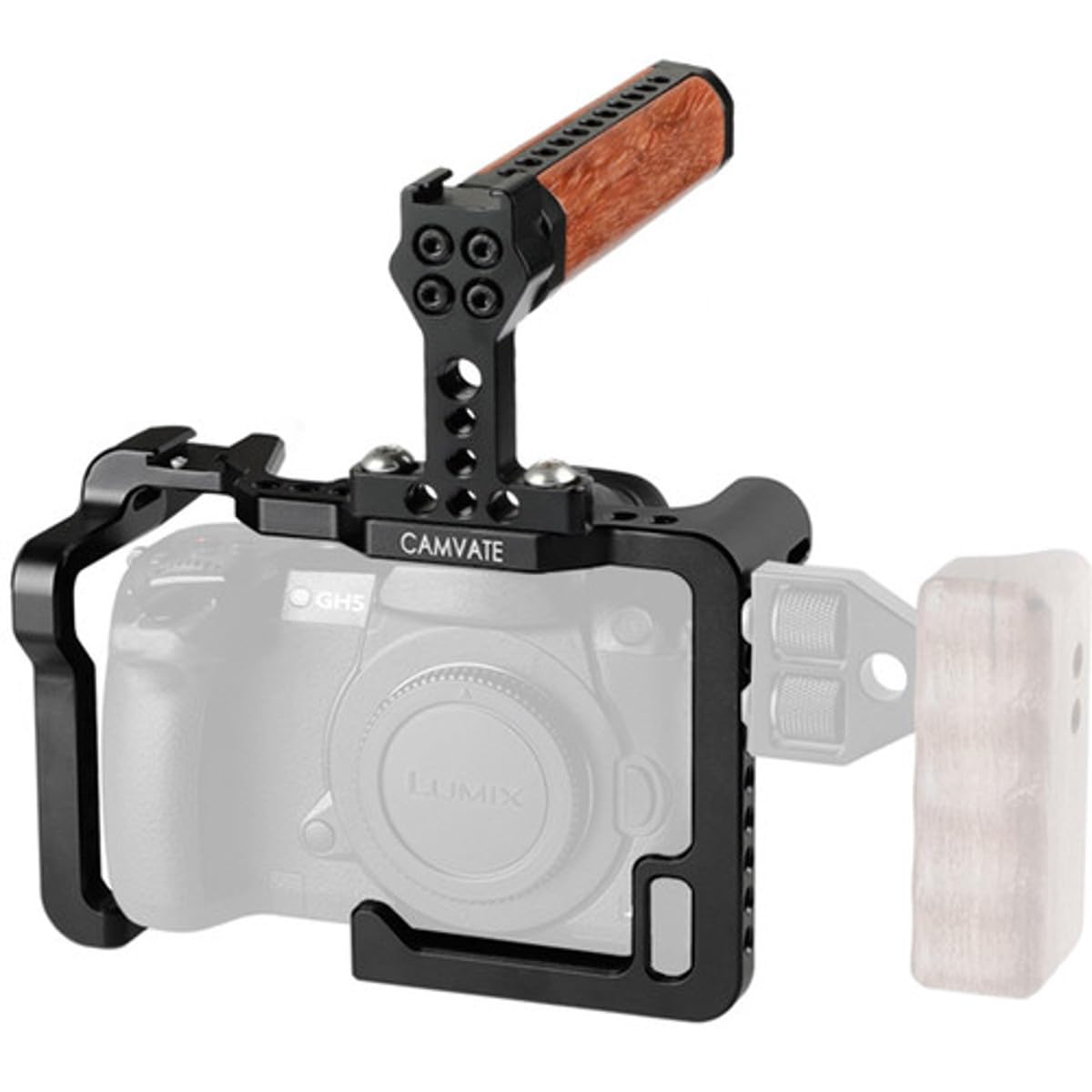 CAMVATE Camera Cage with Wooden Top Handle & Dual Shoe Mounts for Panasonic Lumix GH5 - Perfect for Vlogging, Film Making & Professional Photography