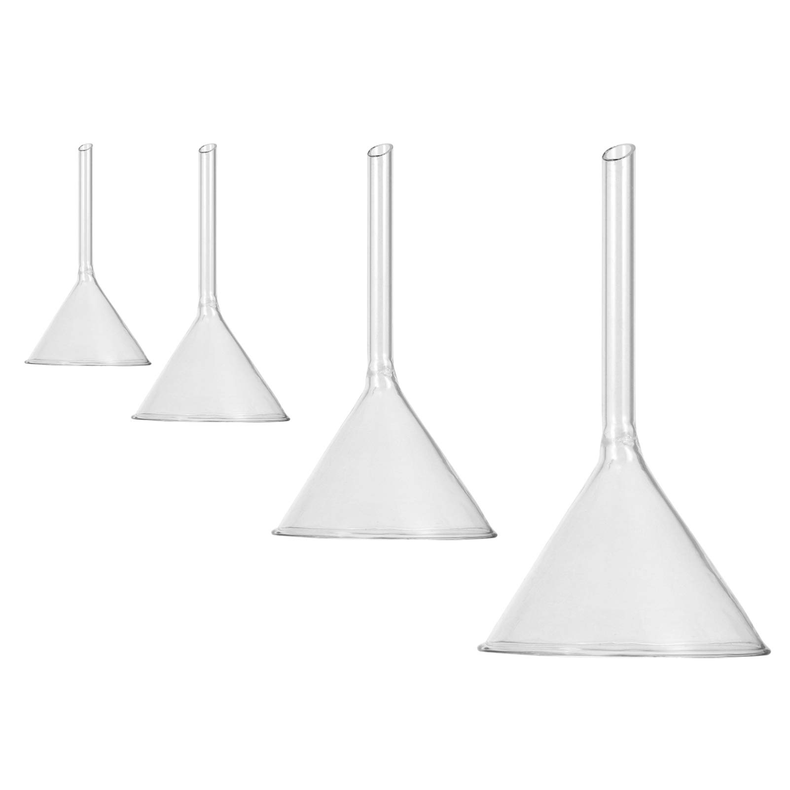 Premium Borosilicate Glass Funnel Set - 4pcs Round Short Stem Lab Funnels (40mm/50mm/75mm/100mm) for Powder, Liquid Transfer & Filtering - Ideal for Chemistry Experiments, Essential Oils & DIY Projects