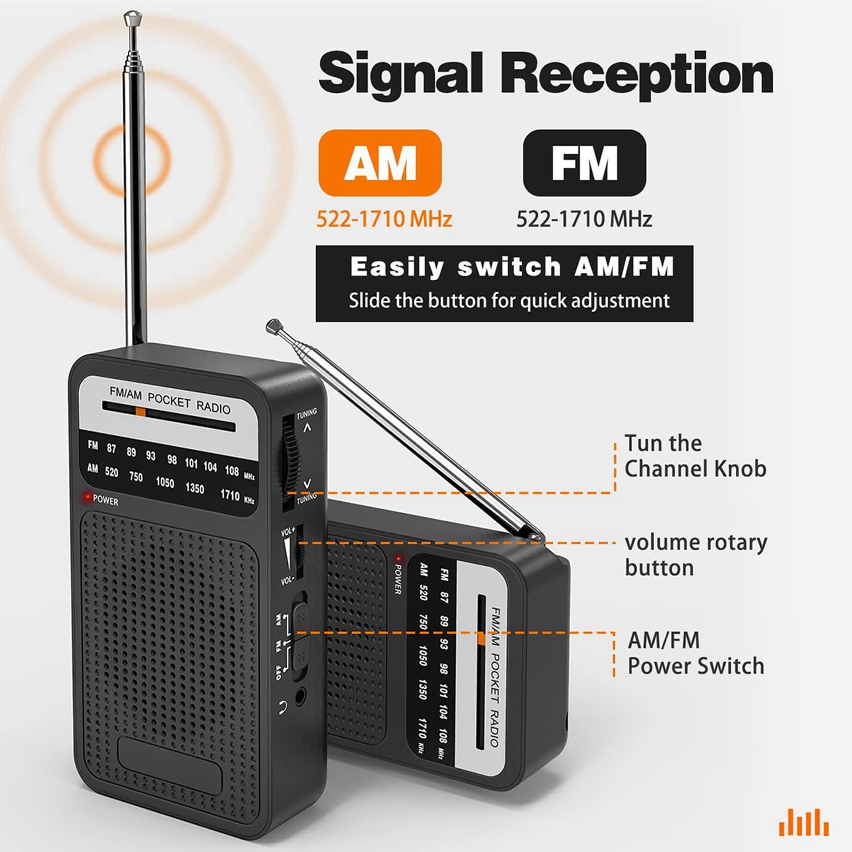 Prakti 3X AM/FM Pocket Radio with Loudspeaker & Headphone Jack - Portable Transistor Radio for Indoor, Outdoor, Camping, Emergency & Travel Use