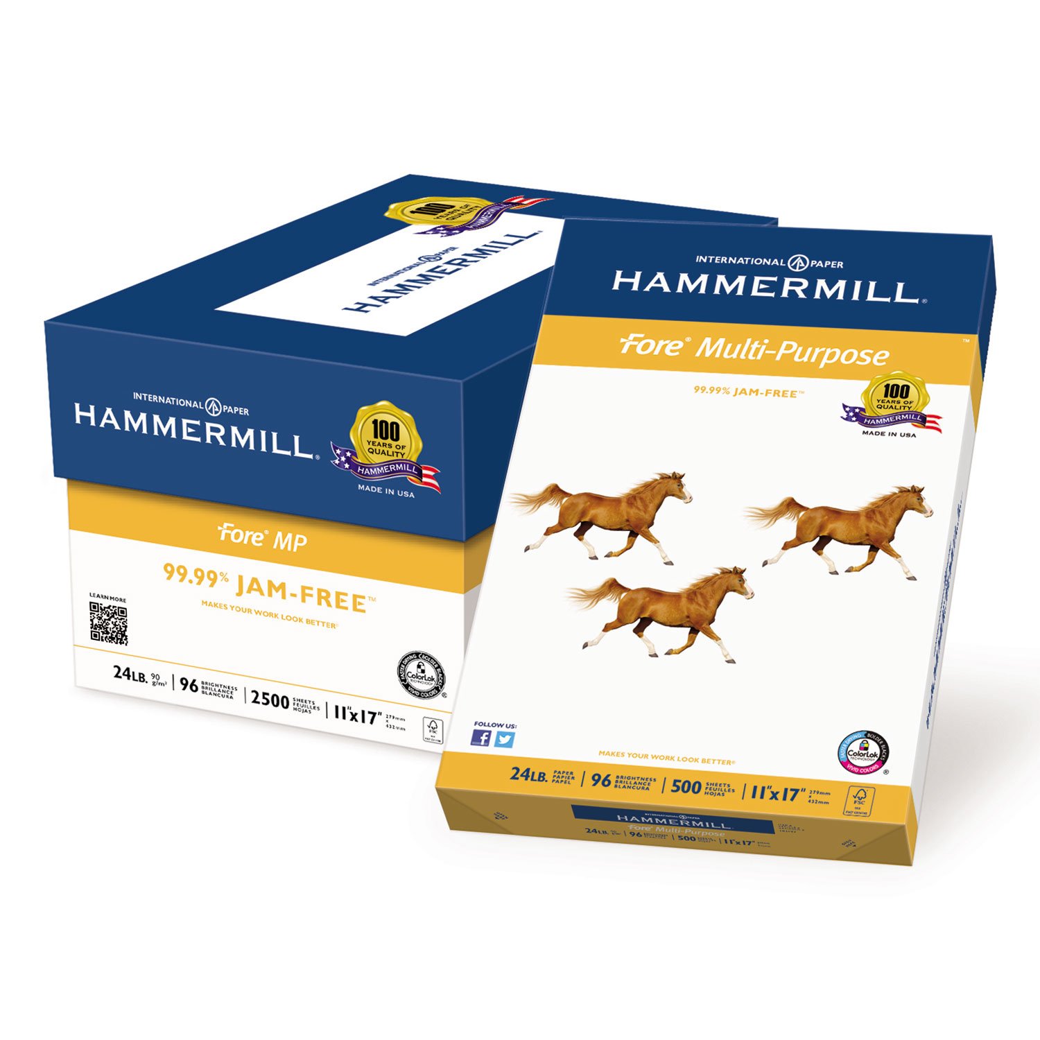 Hammermill 24 lb Premium Multipurpose Copy Paper, 11 x 17 Inches, 96 Brightness, 500 Sheets per Ream - Made in USA (102848R) - Ideal for Office Printing, School Projects, and Professional Documents