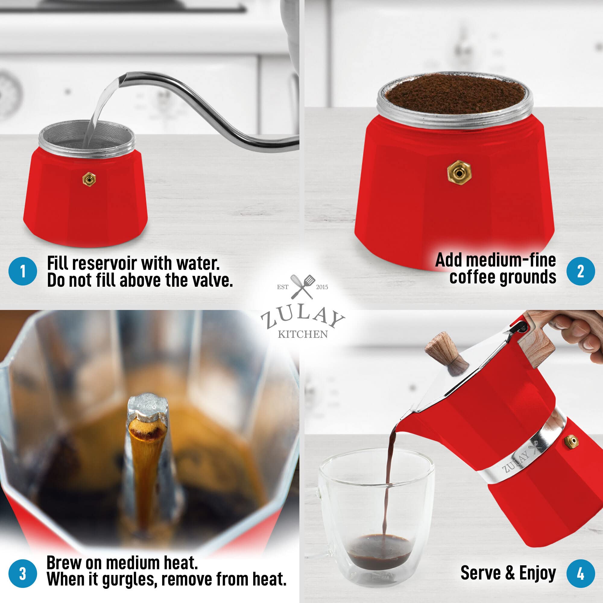 Zulay Stovetop Espresso Maker - 3 Cup Moka Pot for Classic Italian & Cuban Coffee - Portable Percolator for Camping, Travel & Home Use - Stainless Steel Coffee Maker (Red) - Perfect for Outdoor Adventures & Morning Brews