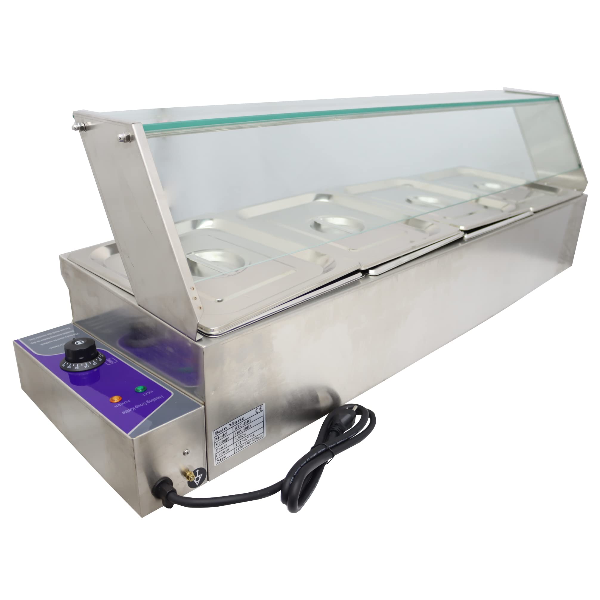 TECHTONGDA 4-Pan Commercial Food Warmer | 6-Inch Deep Stainless Steel Bain Marie with Glass Shield | Perfect for Buffets, Catering & Restaurant Food Service
