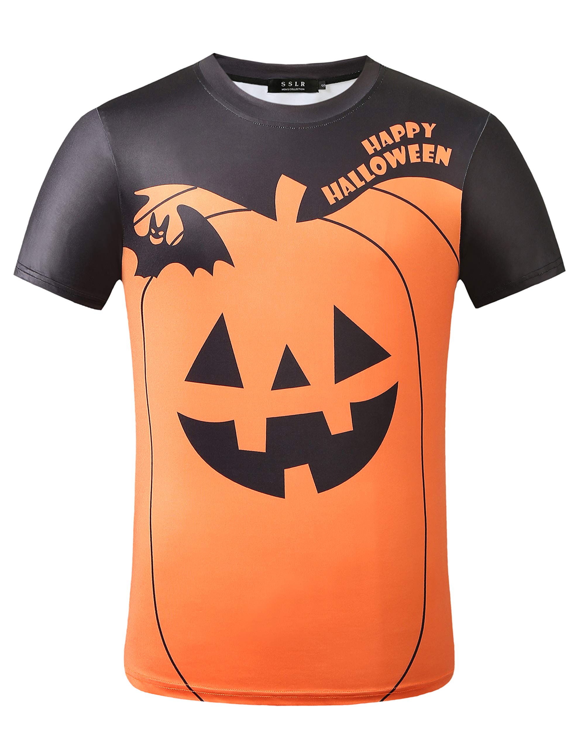 SSLR Men's Halloween T-Shirt - Short Sleeve Skeleton & Pumpkin Graphic Tee - Fun Casual Crewneck Shirt for Halloween Parties & Costume Events